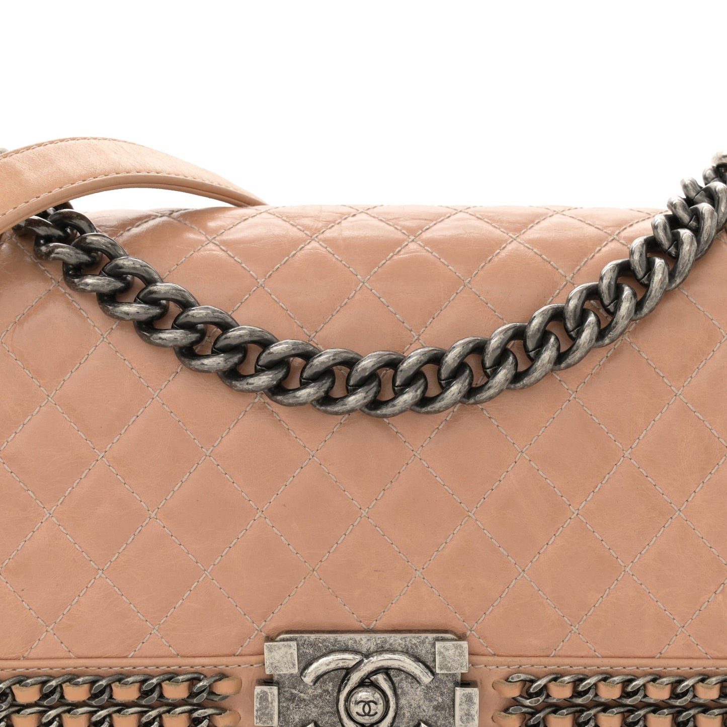 Glazed Calfskin Quilted Medium Boy Chained Flap Beige