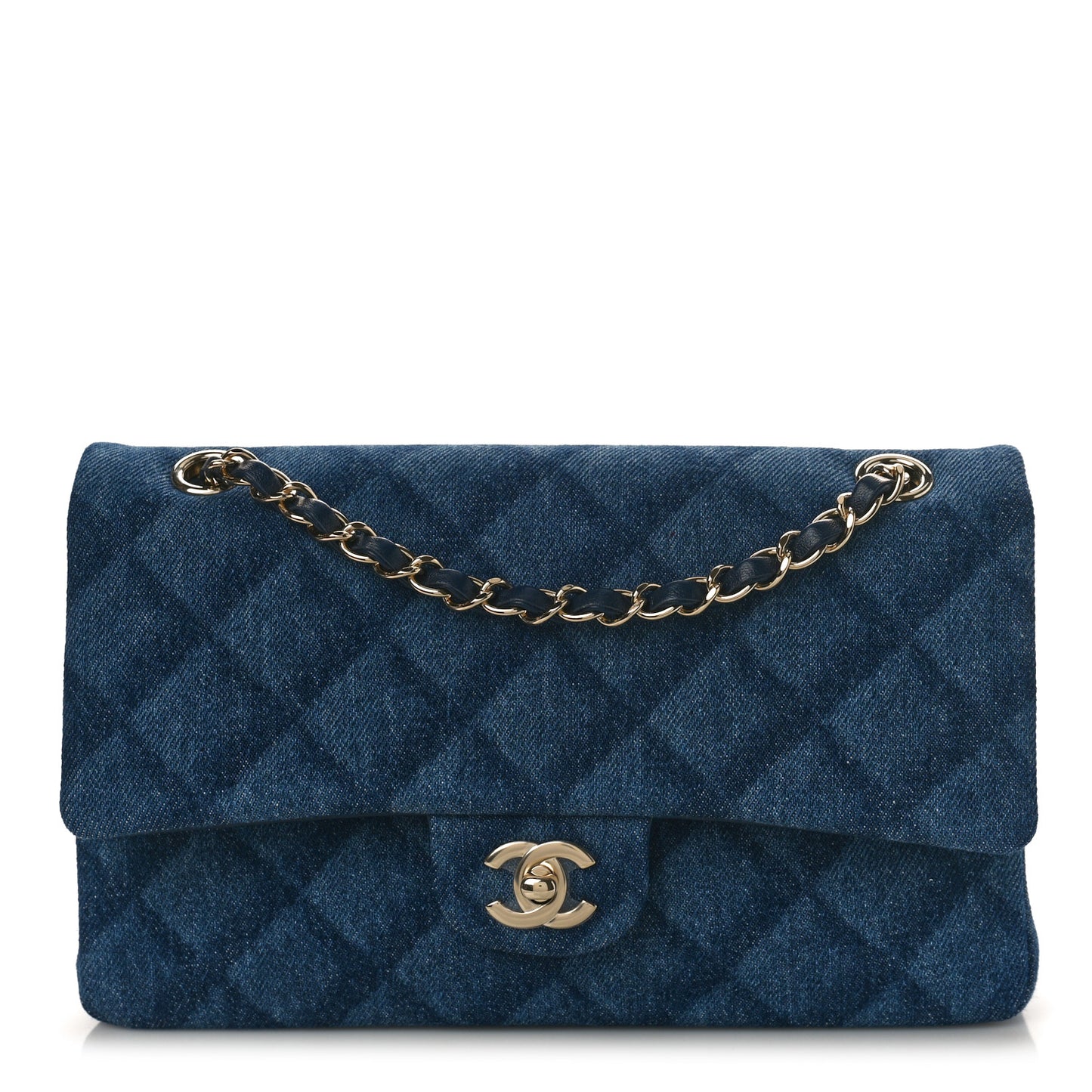 Printed Denim Quilted Medium Double Flap Dark Blue