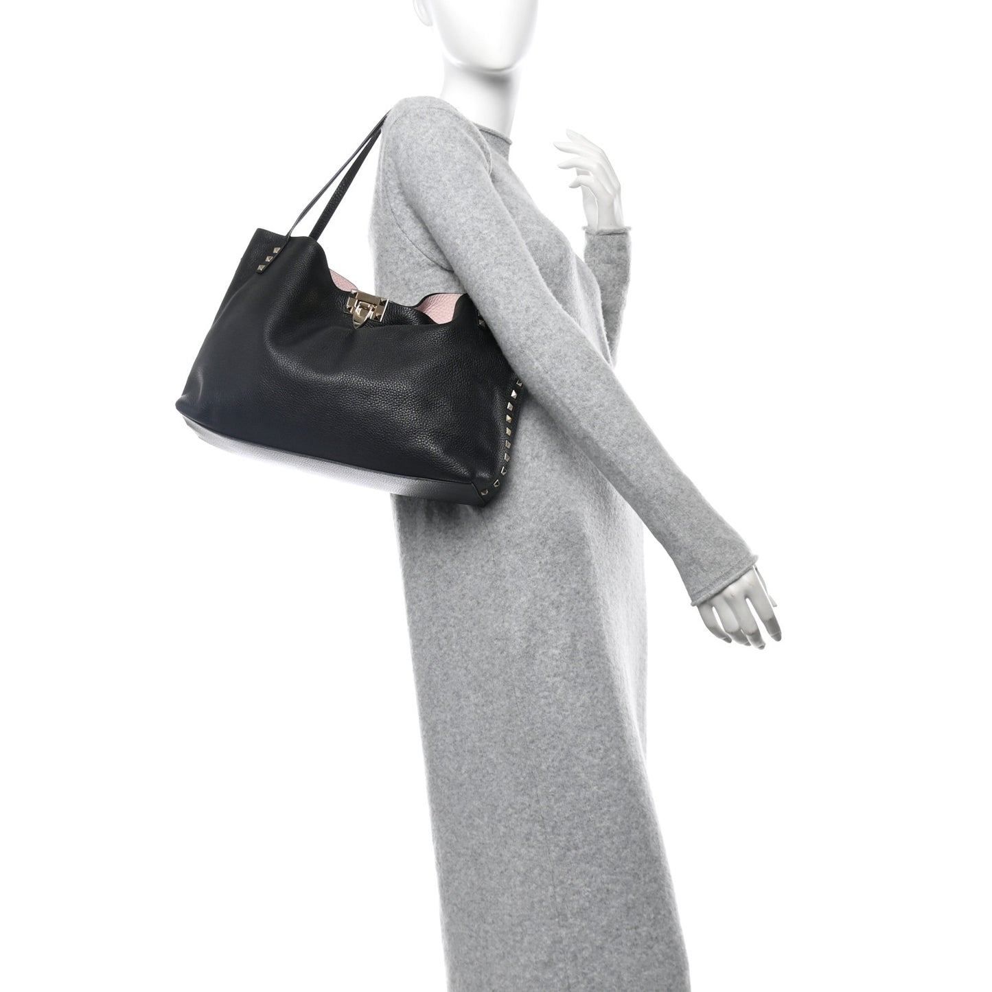 Grained Calfskin Rockstud Flip Lock Tote Black Rose Quartz
