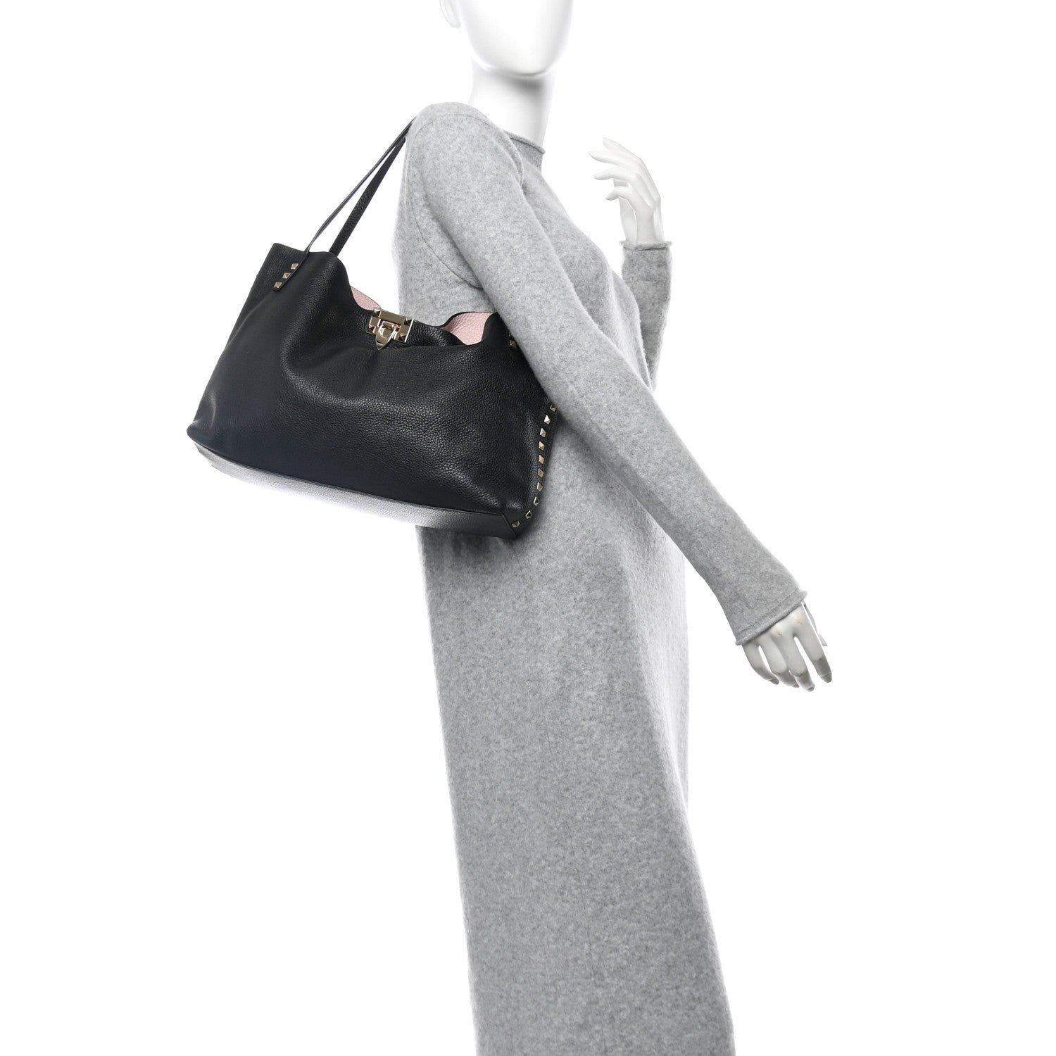 Valentino Garavani Grained Calfskin Rockstud Flip Lock Tote Black Rose Quartz 2 of 10