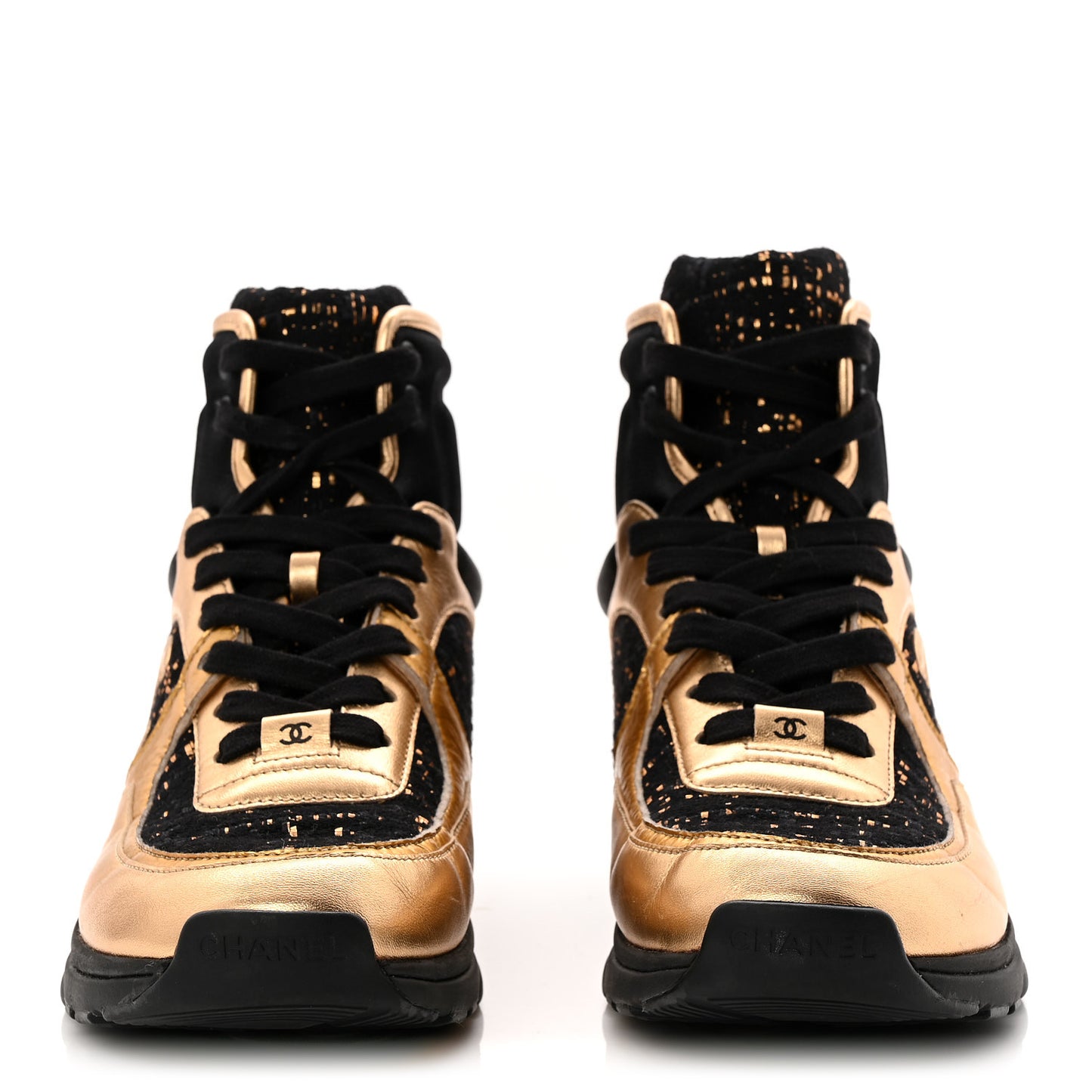 Satin Lambskin Fabric Tweed CC High Top Sneakers 39 Black Gold