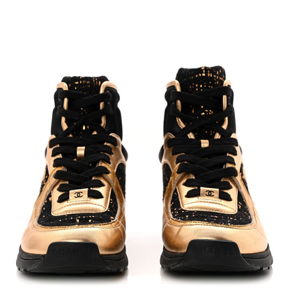 Chanel Satin Lambskin Fabric Tweed CC High Top Sneakers 39 Black Gold 3 of 9
