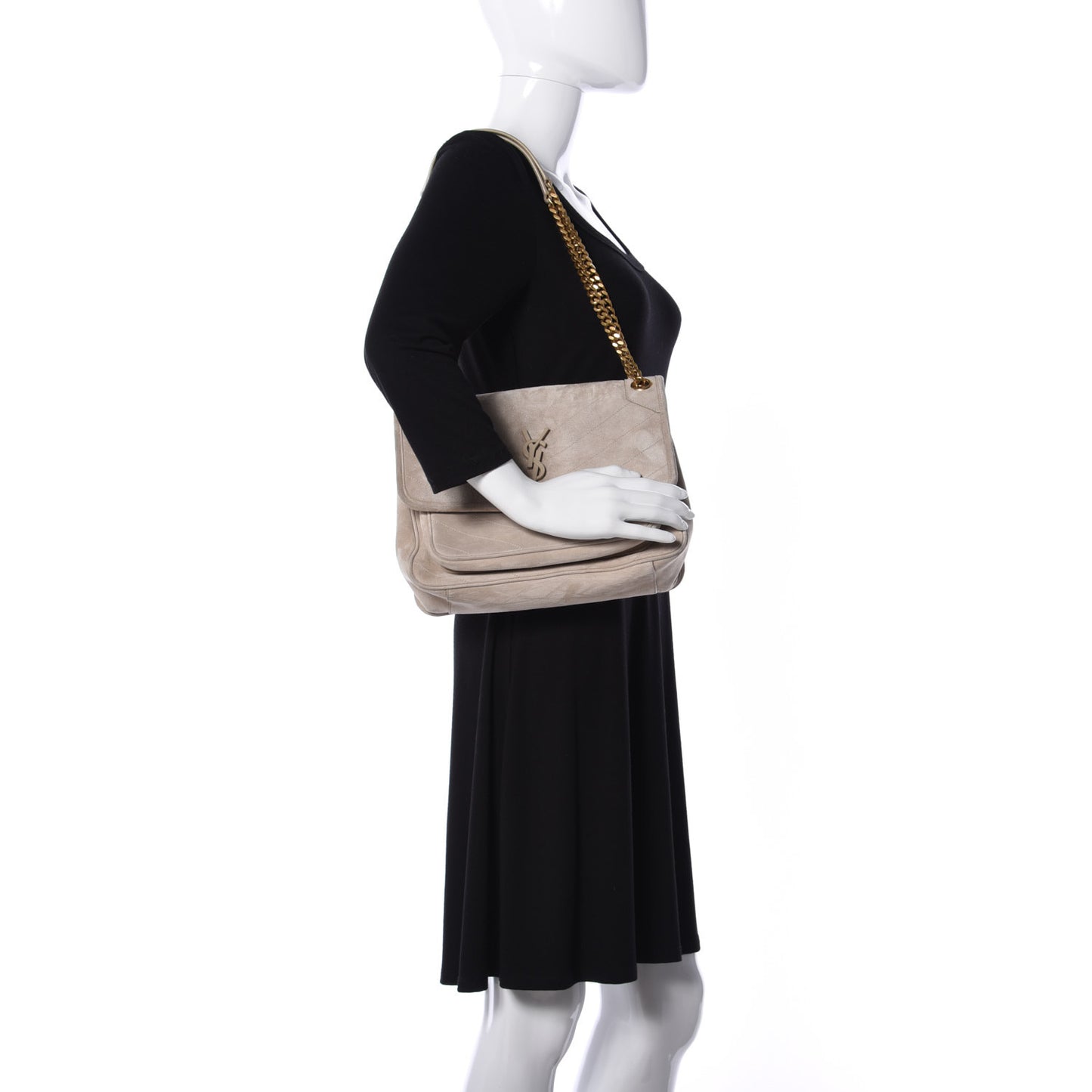 Suede Monogram Medium Niki Chain Satchel Light Beige