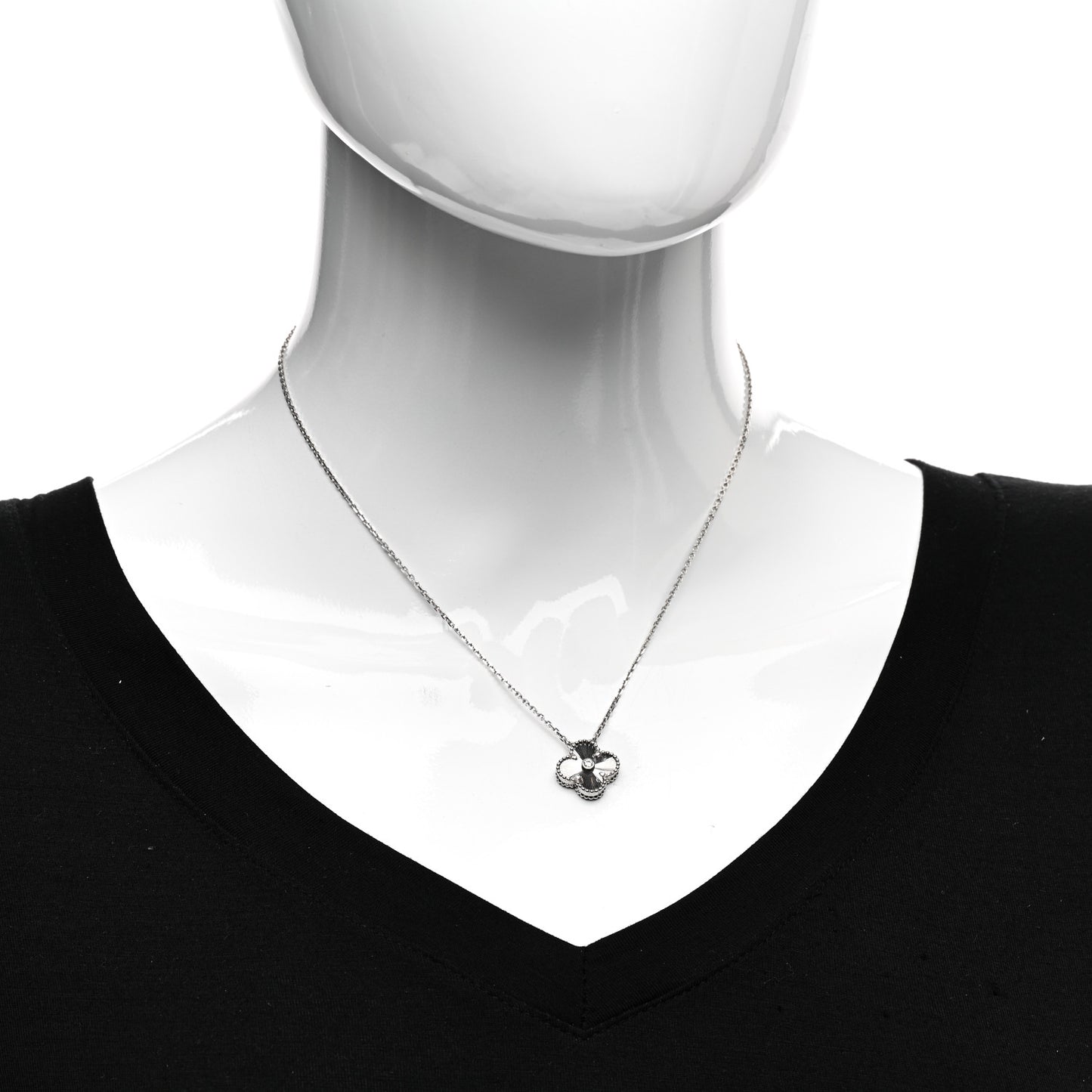 18K White Gold Diamond Guilloche Vintage Alhambra Pendant Necklace