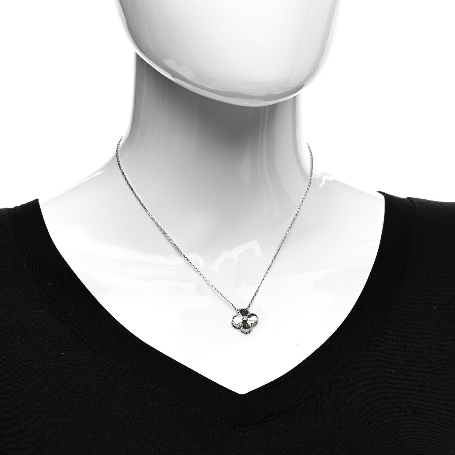 Van Cleef & Arpels 18K White Gold Diamond Guilloche Vintage Alhambra Pendant Necklace 2 of 6