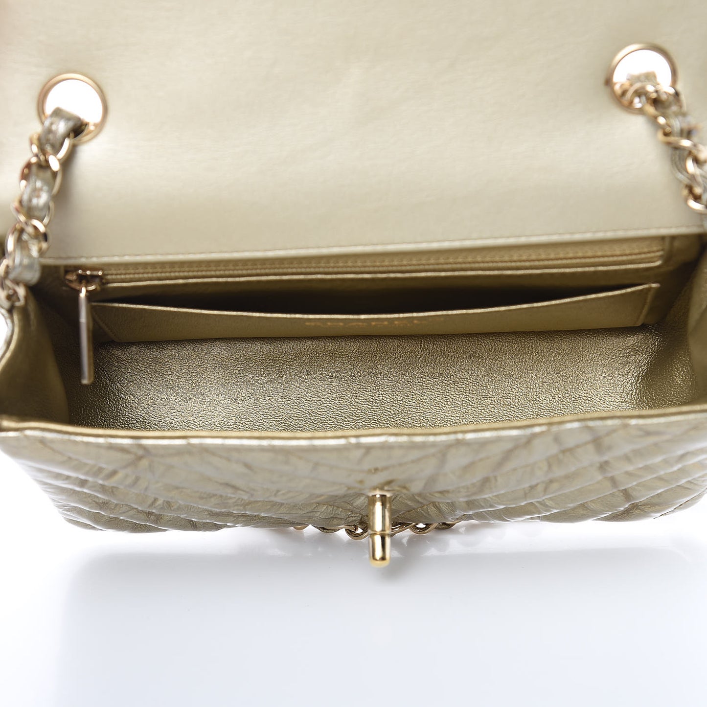 Patent Metallic Crumpled Calfskin Chevron Quilted Mini Rectangular Flap Gold