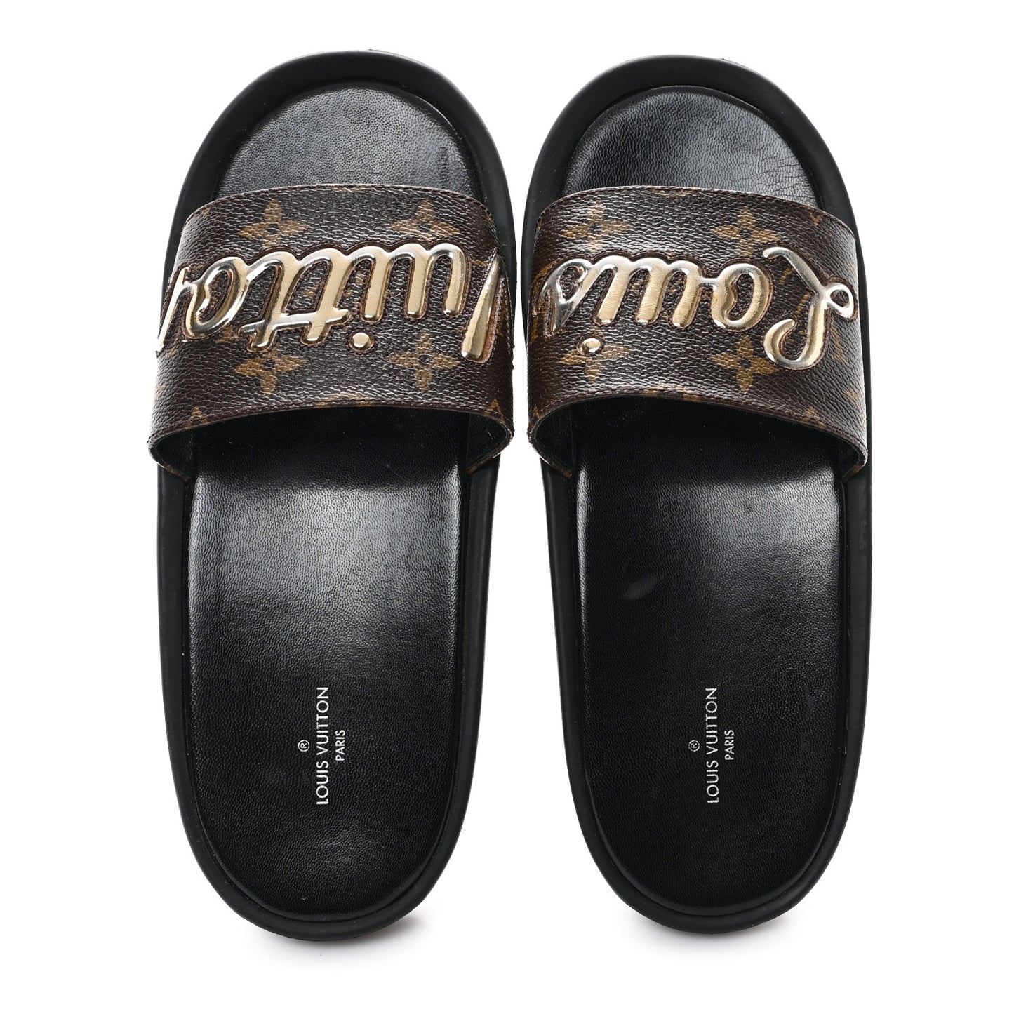 Metallic Calfskin Monogram Logo Sunbath Slide Sandals 38