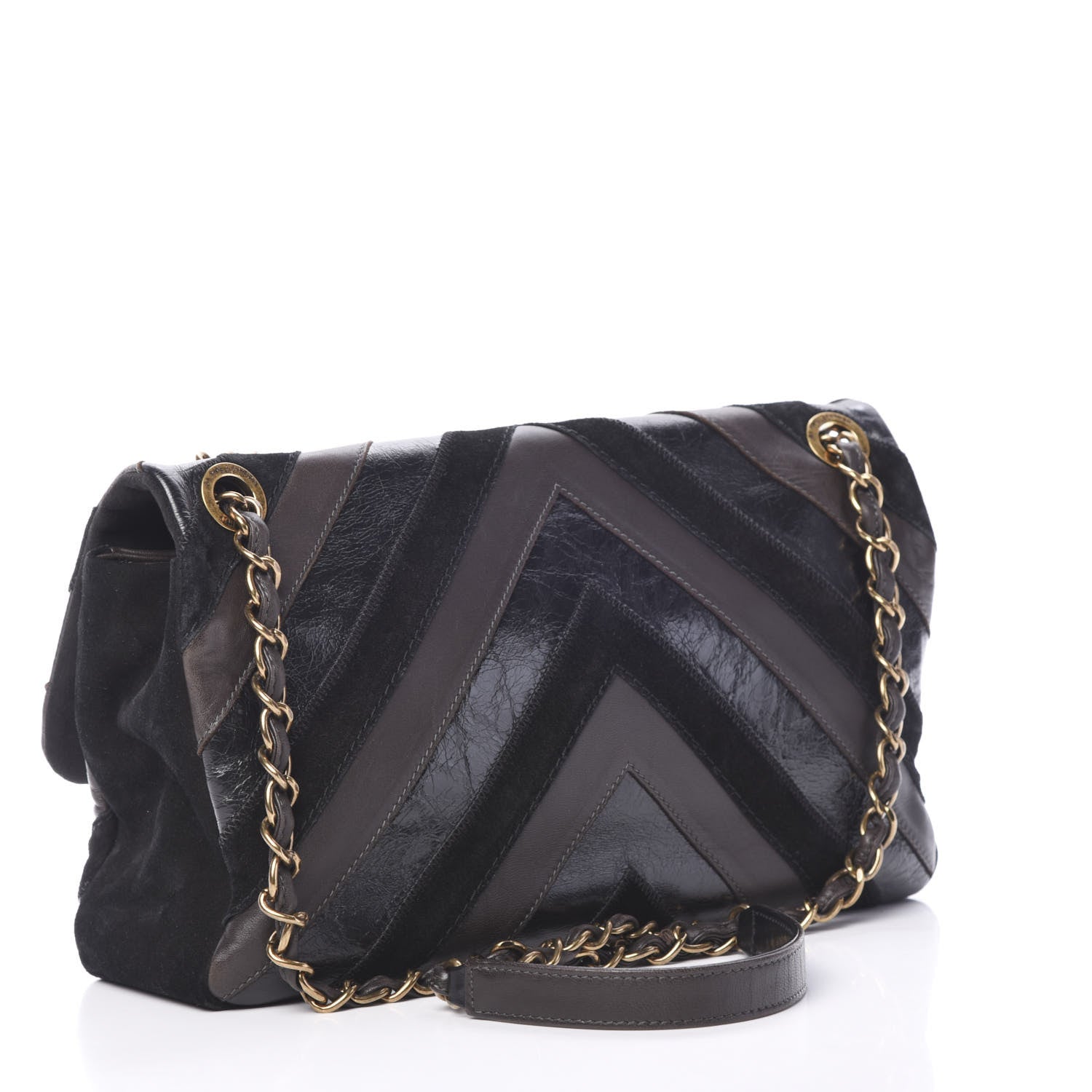Chanel Suede Lambskin Glazed Calfskin Lady Vintage Chevron Flap Black Brown 2 of 16
