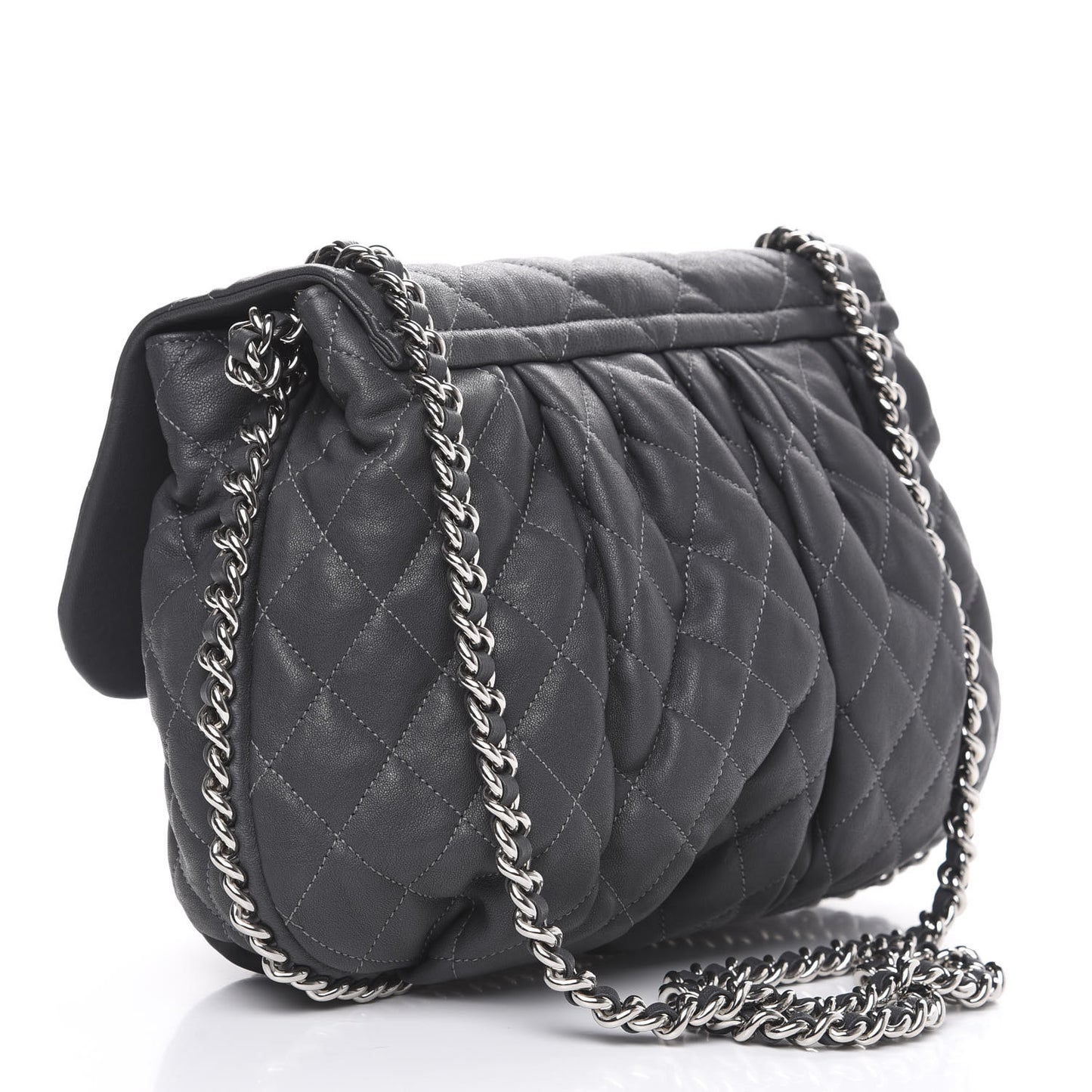 Crumpled Lambskin Quilted Medium Chain Around Flap Dark Grey