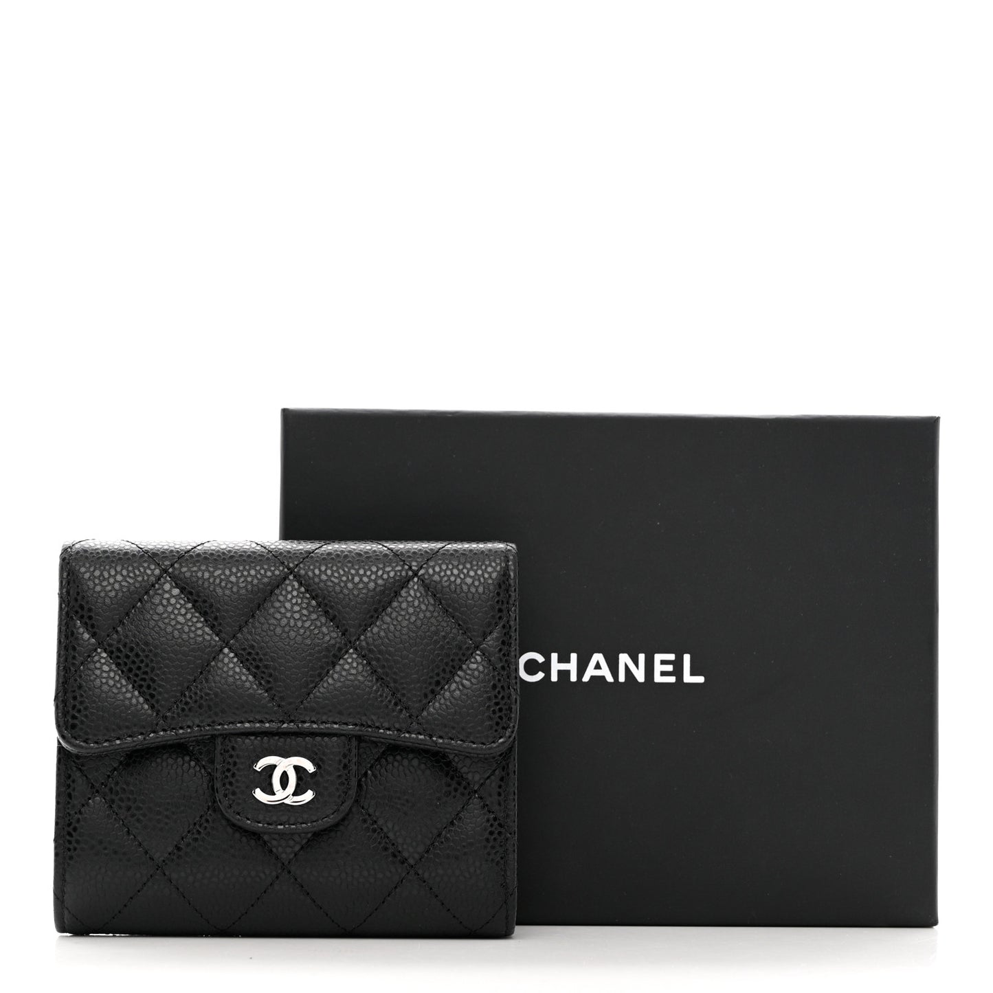 Caviar Quilted Compact Flap Wallet Black