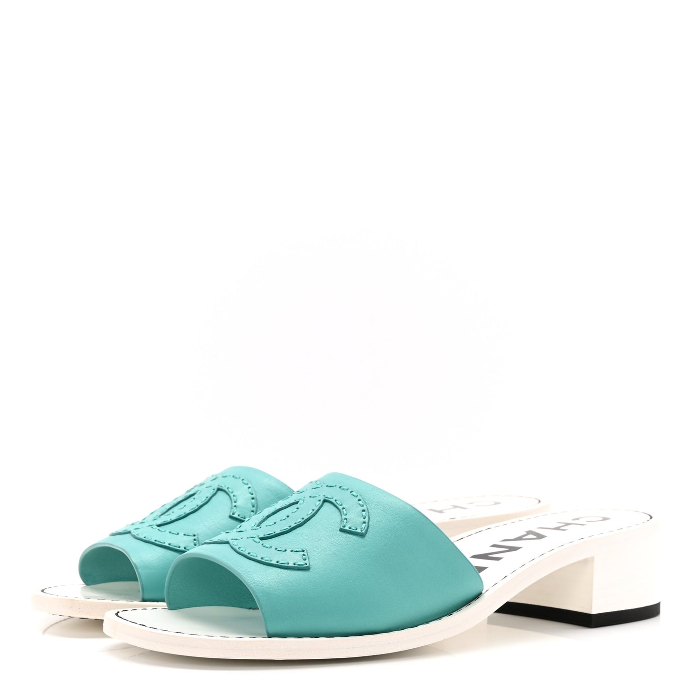 Calfskin CC Mules 38.5 Turquoise White
