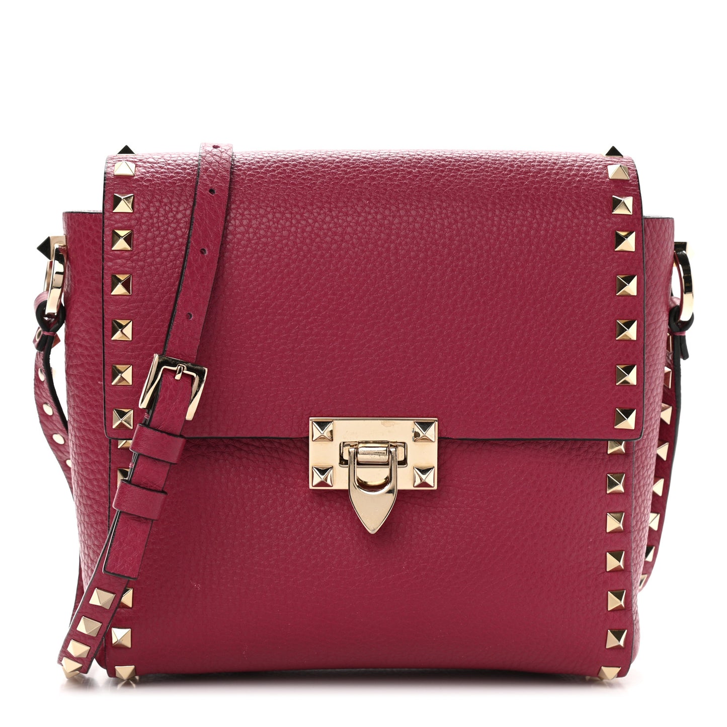 Pebbled Calfskin Rockstud Flip Lock Flap Messenger Raspberry