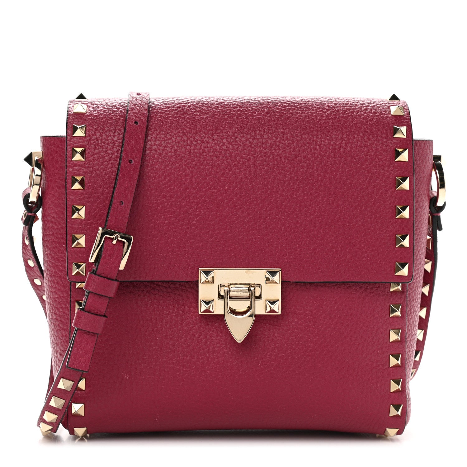 Valentino Garavani Pebbled Calfskin Rockstud Flip Lock Flap Messenger Raspberry 1 of 11