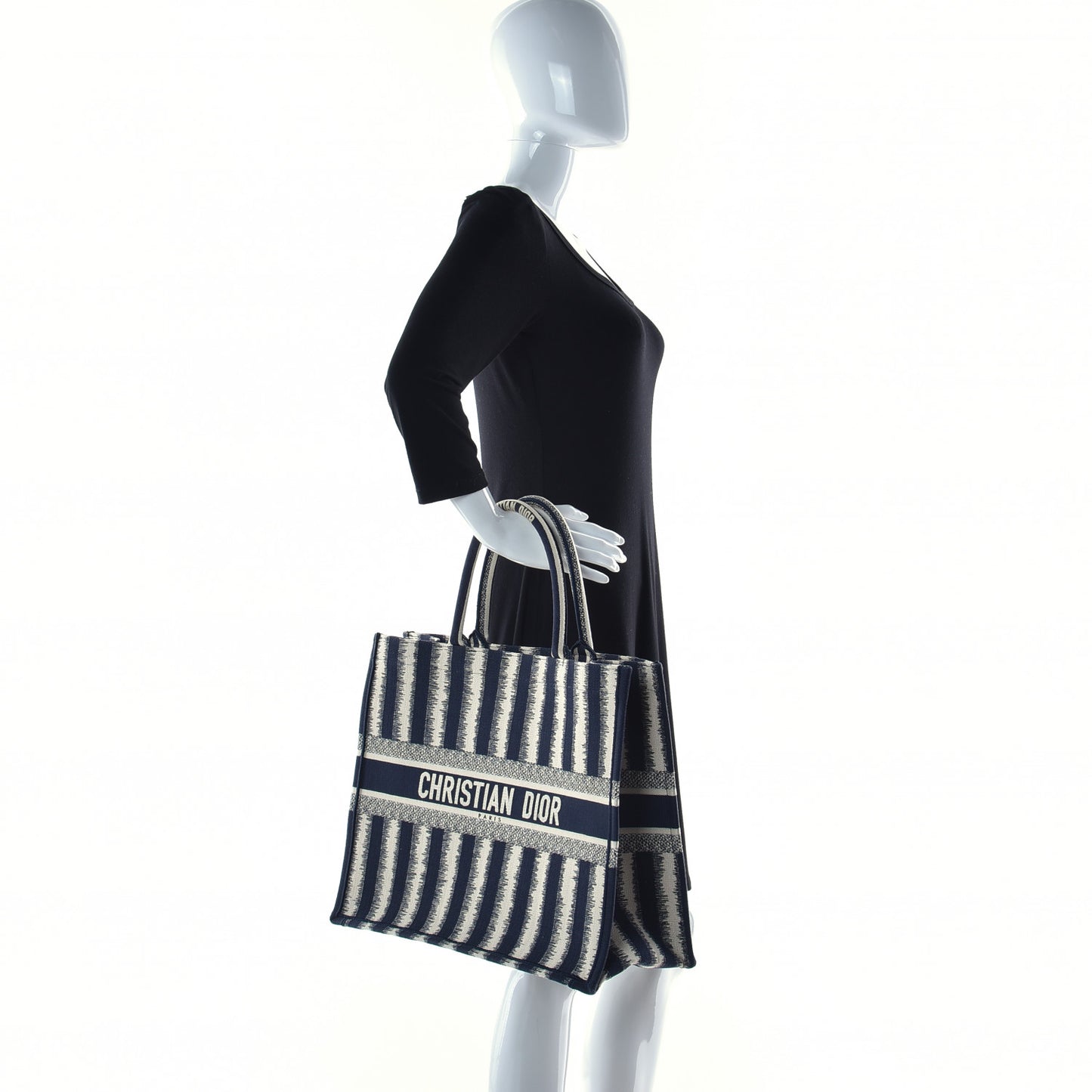 Canvas Embroidered Large Striped Book Tote Navy