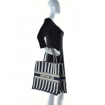 Christian Dior Canvas Embroidered Large Striped Book Tote Navy 3 of 13