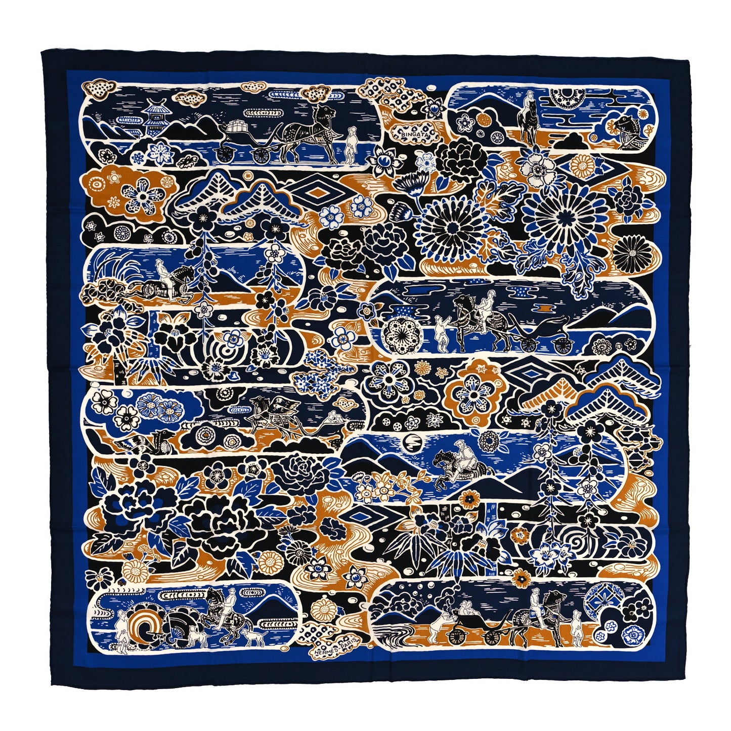 Cashmere Silk Bingata Shawl 140 Marine Bleu Dur Beige