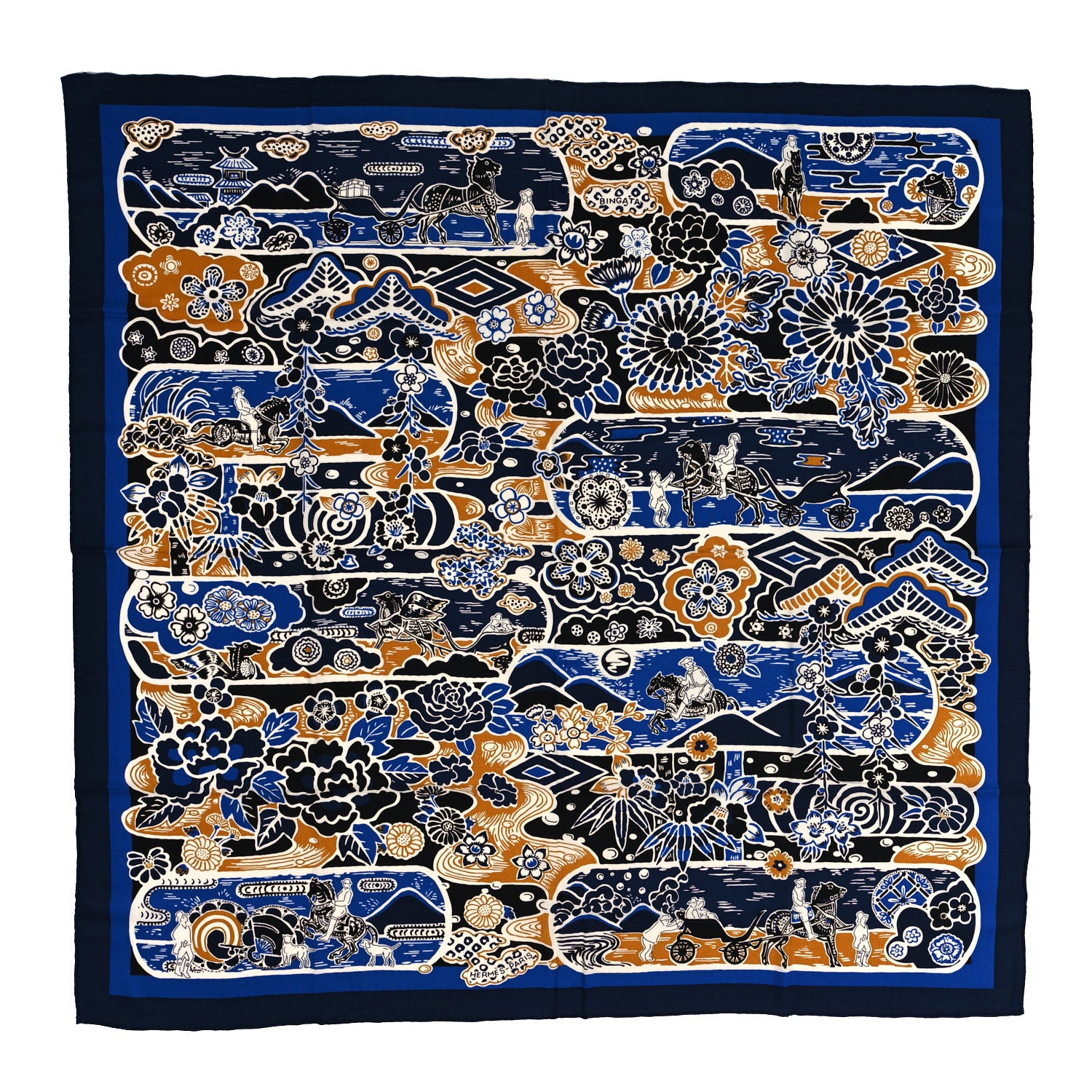 Hermes Cashmere Silk Bingata Shawl 140 Marine Bleu Dur Beige 1 of 4