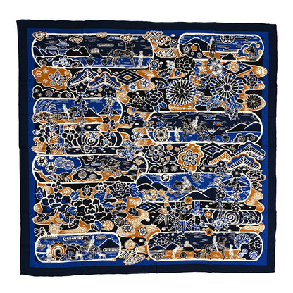 Hermes Cashmere Silk Bingata Shawl 140 Marine Bleu Dur Beige 1 of 4