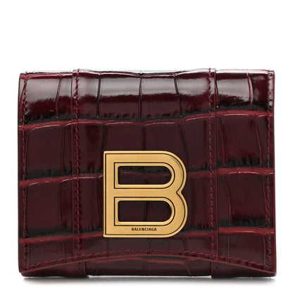 Balenciaga Shiny Calfskin Crocodile Embossed Hourglass Compact Wallet Dark Red 1 of 8
