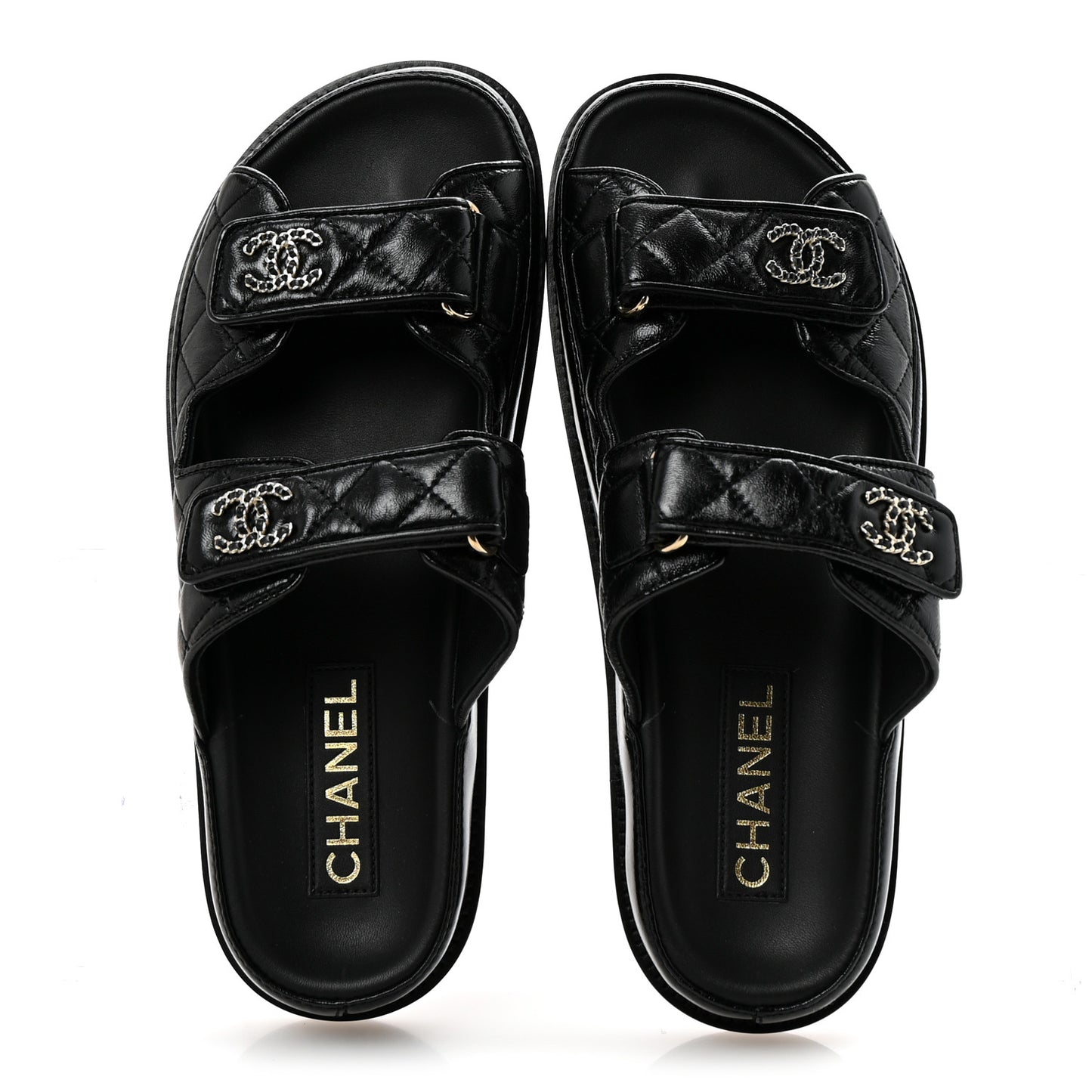 Lambskin Quilted Velcro Dad Chain CC Slide Sandals 38.5 Black