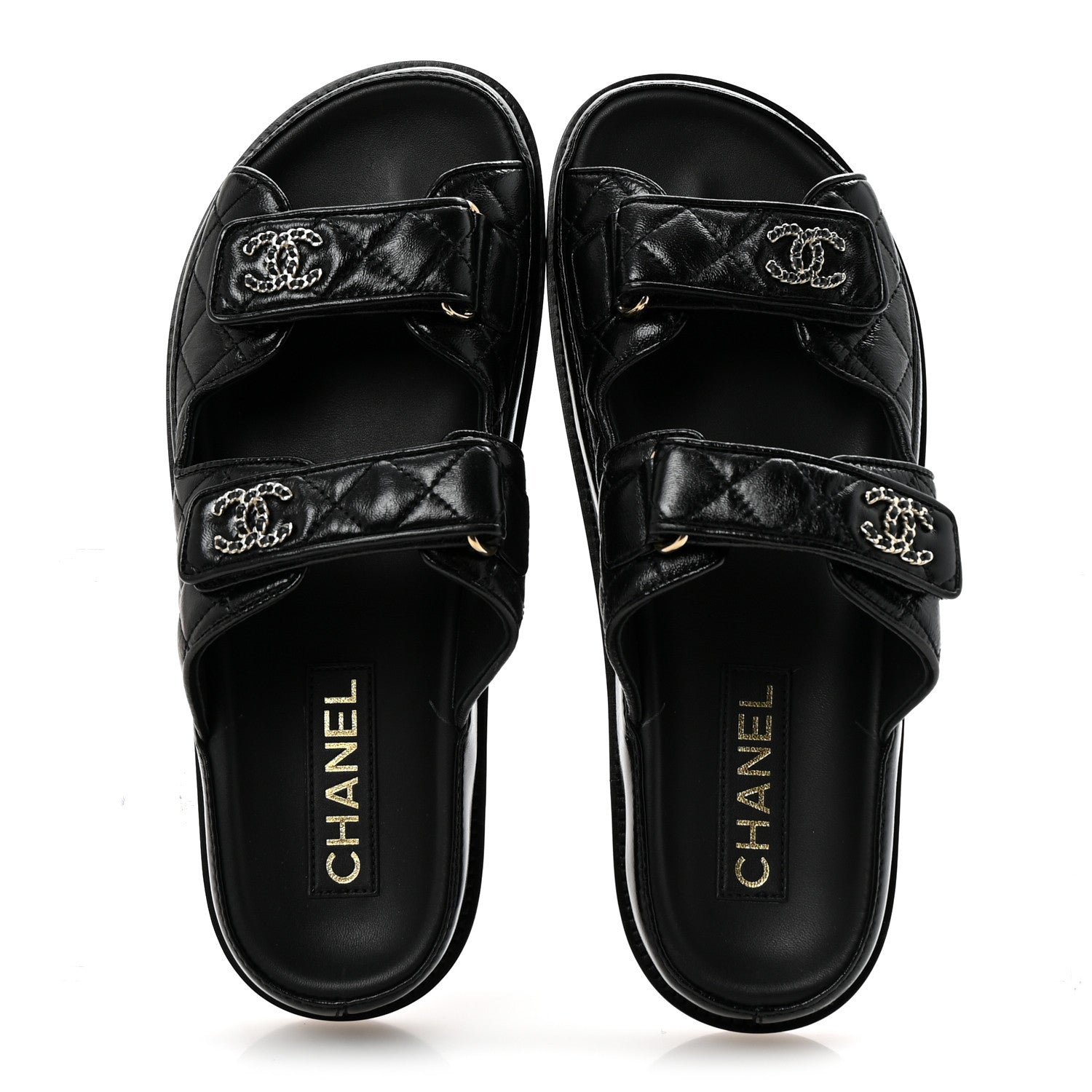 Chanel Lambskin Quilted Velcro Dad Chain CC Slide Sandals 38.5 Black 2 of 10