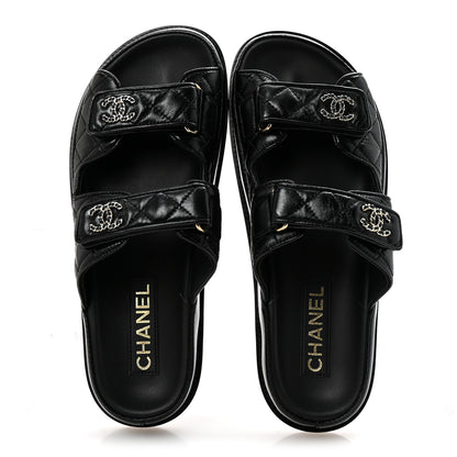 Chanel Lambskin Quilted Velcro Dad Chain CC Slide Sandals 38.5 Black 2 of 10