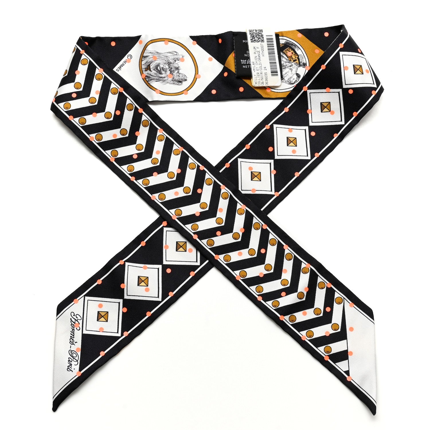 Hermes Silk Colliers Et Chiens Plumetis Twilly Black Gold Orange 1 of 4