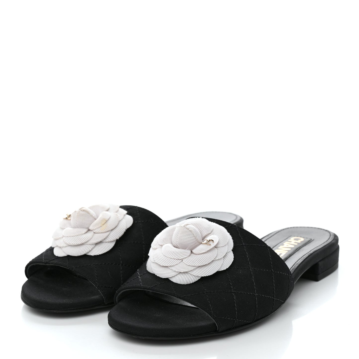Grosgrain Quilted Camellia CC Slides 37.5 Black White