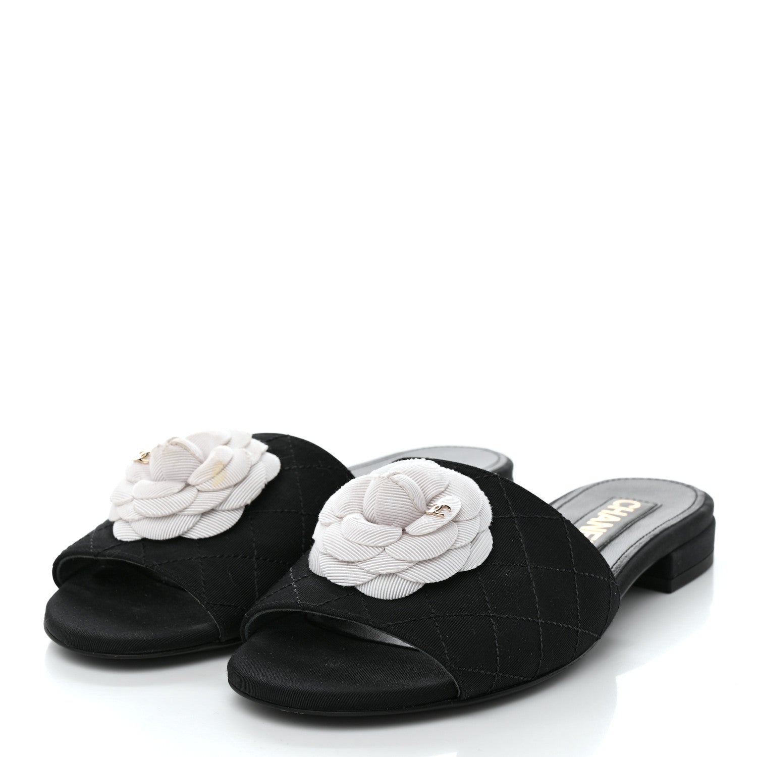 Chanel Grosgrain Quilted Camellia CC Slides 37.5 Black White 3 of 9