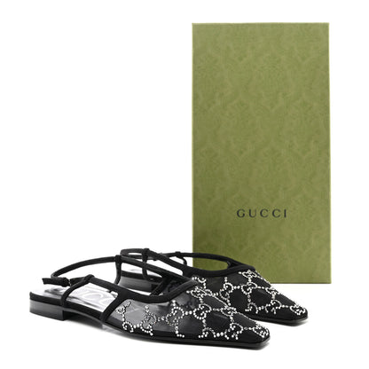 Gucci Tela Retino Kid Scamosciato Crystal GG Monogram Square G Slingback Flat 36 Black 8 of 8