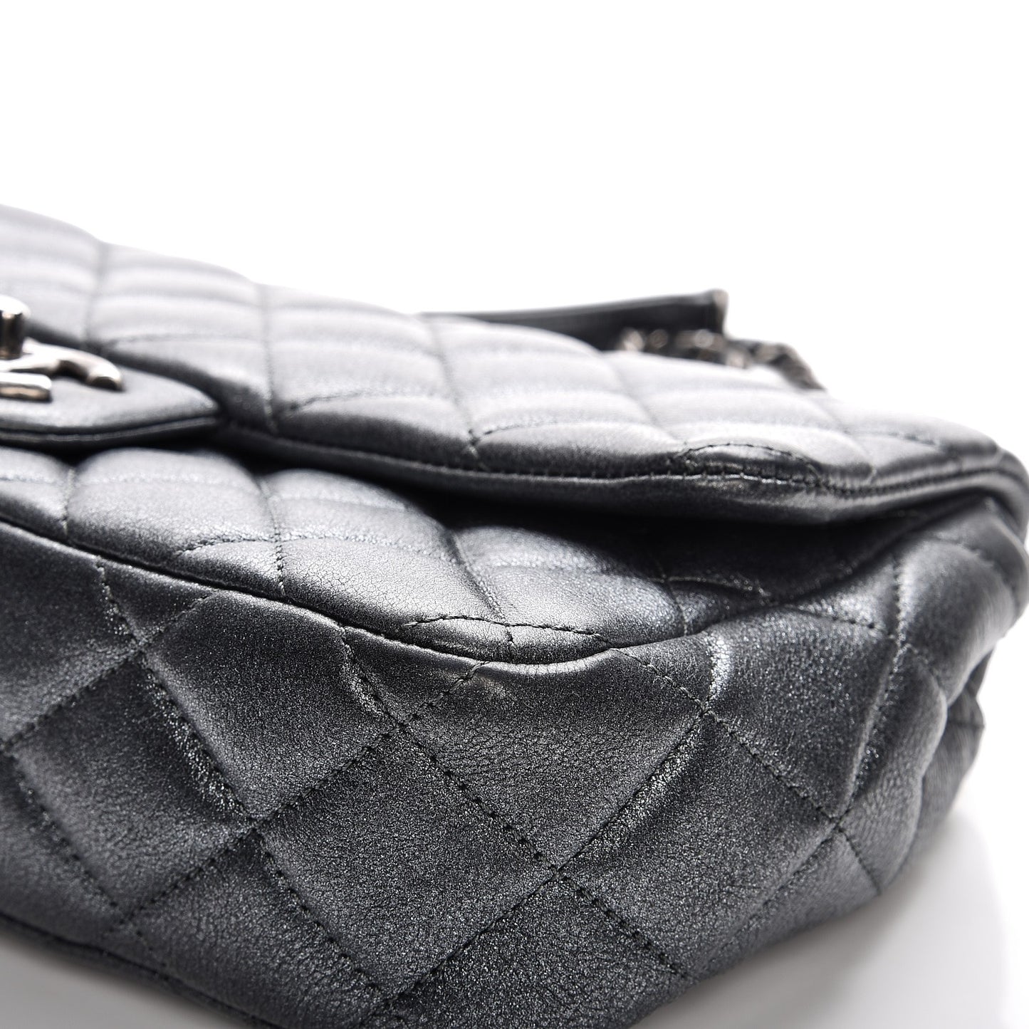 Metallic Calfskin Quilted Medium CC Eyelet Flap Dark Silver