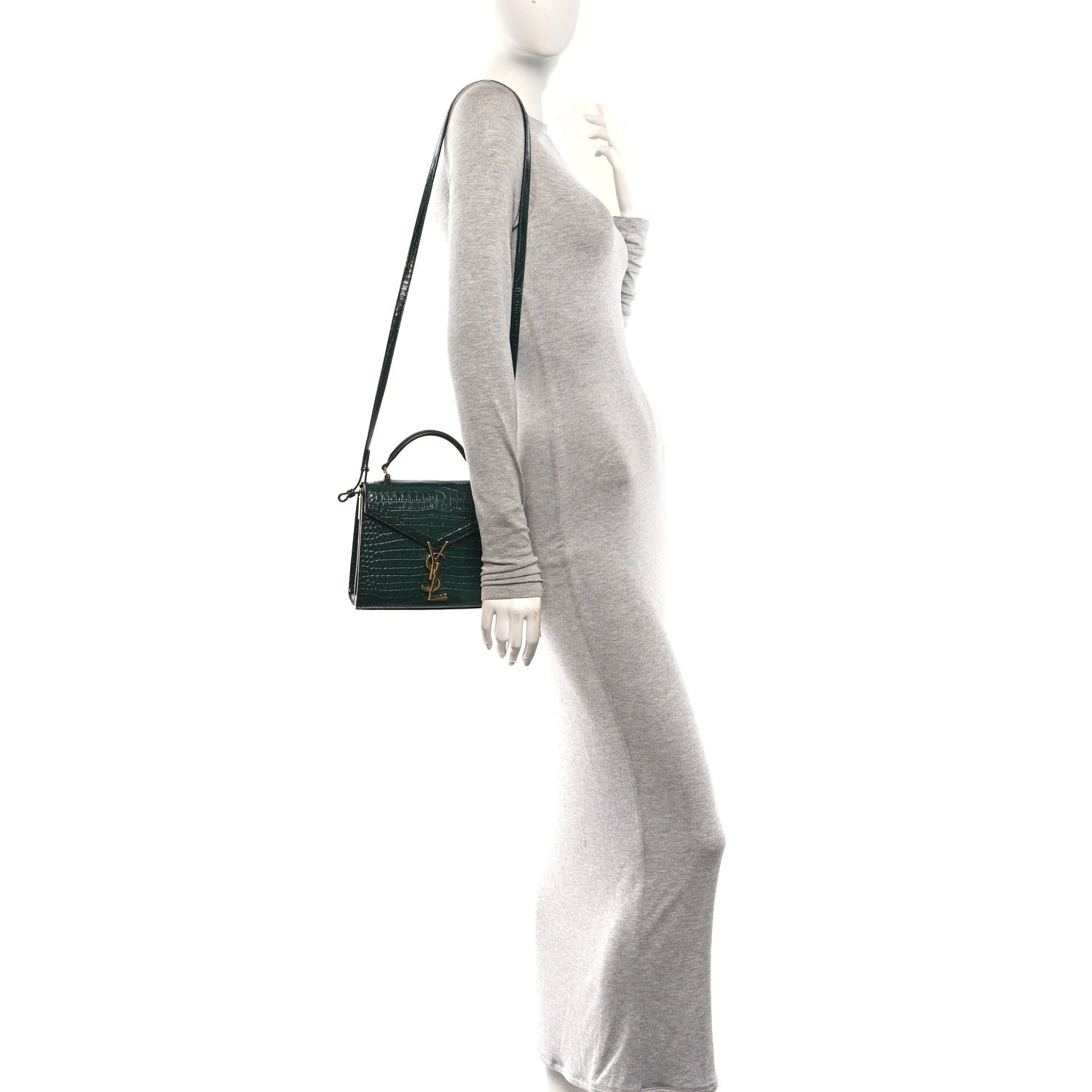 Saint Laurent Calfskin Crocodile Embossed Mini Classic Monogram Cassandra Top Handle Green 2 of 9