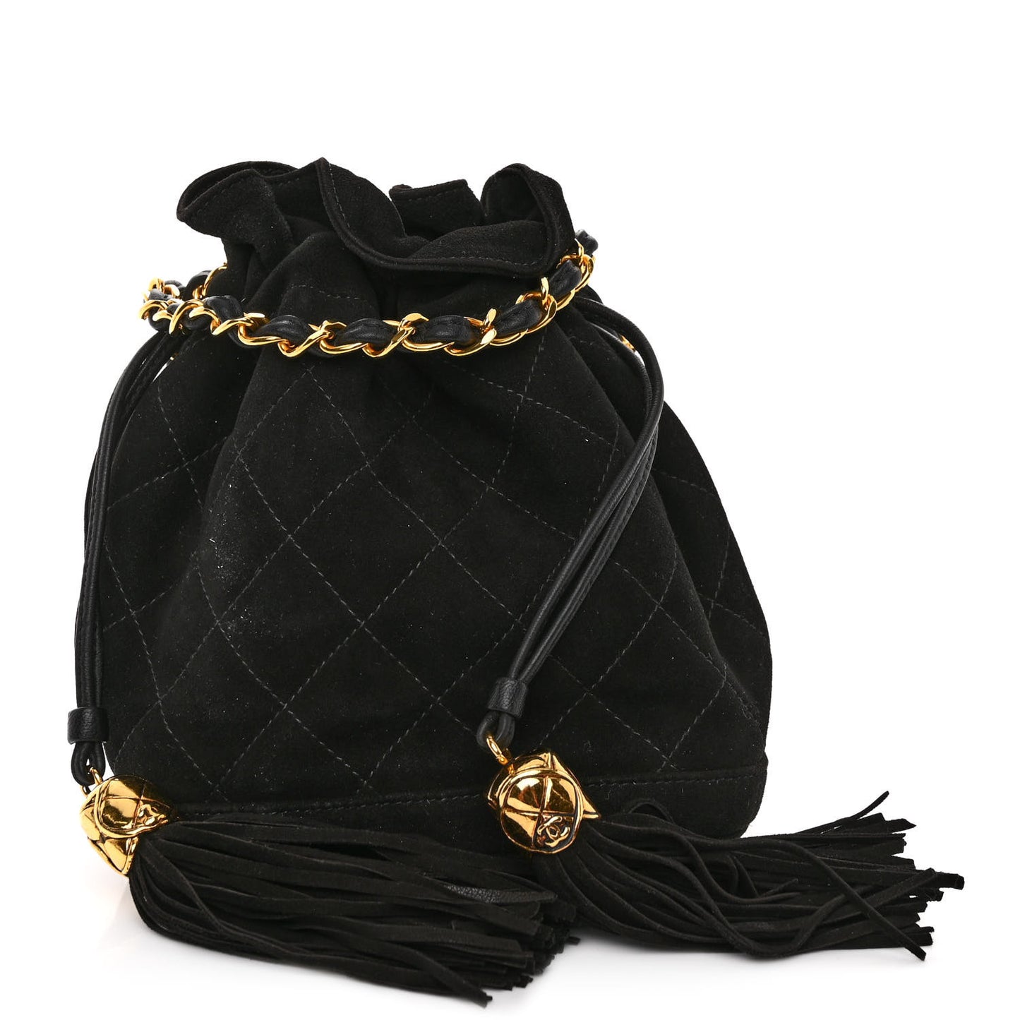 Suede Drawstring Tassel Bucket Bag Black