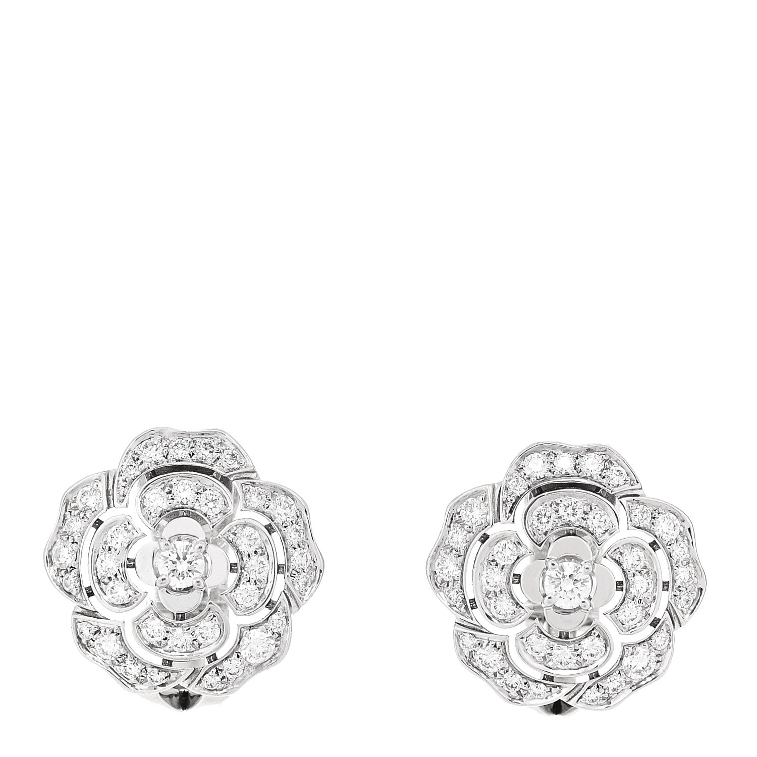 Chanel 18K White Gold Diamond Bouton de Camélia Earrings 1 of 4