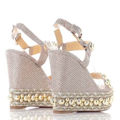 Christian Louboutin Glitter Mesh Specchio Rondaclou 120 Wedge Sandals 37 Gold 4 of 9