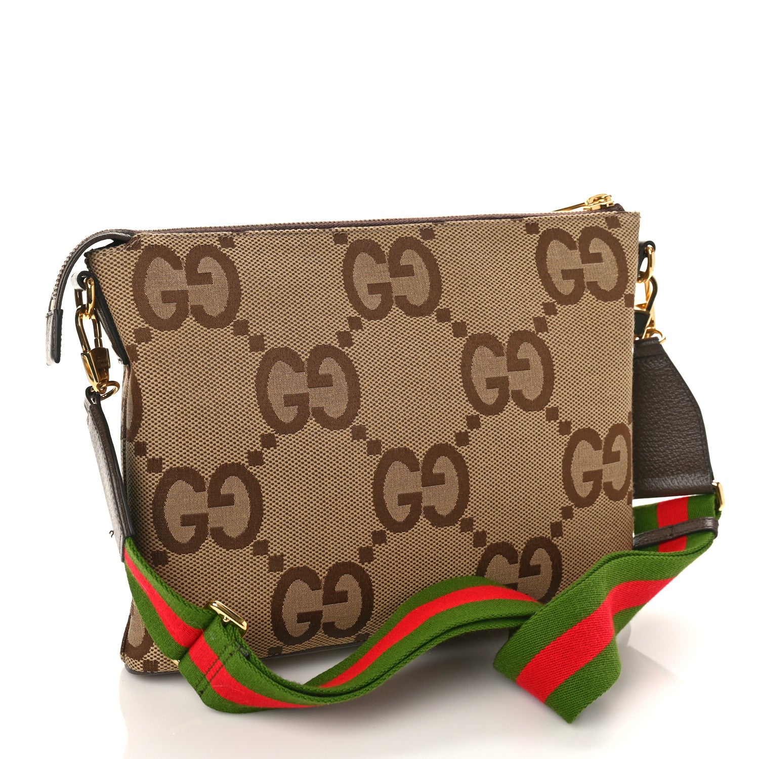Gucci Monogram Jumbo GG Textured Dollar Calfskin Web Wristlet Messenger Bag Camel Ebony New Acero 2 of 10