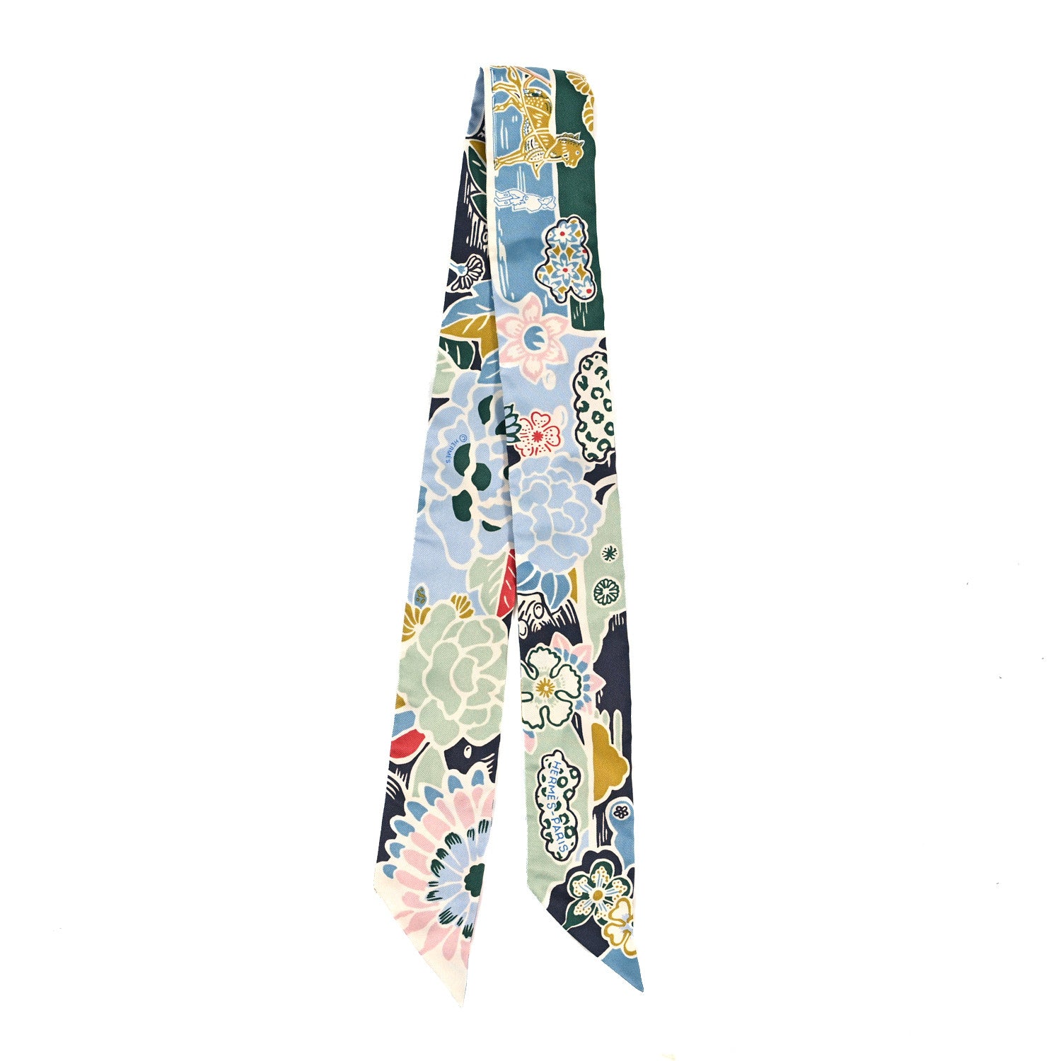 Hermes Silk Bingata Twilly Bleu Ciel Vert Rose 2 of 4