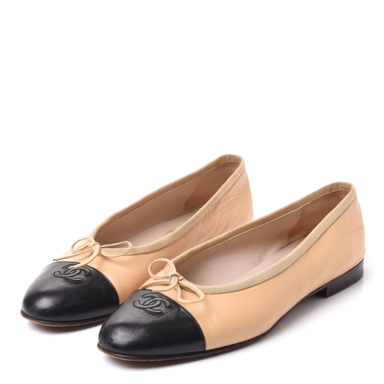 Chanel Lambskin Cap Toe CC Ballerina Flats 39 Beige Black 2 of 9