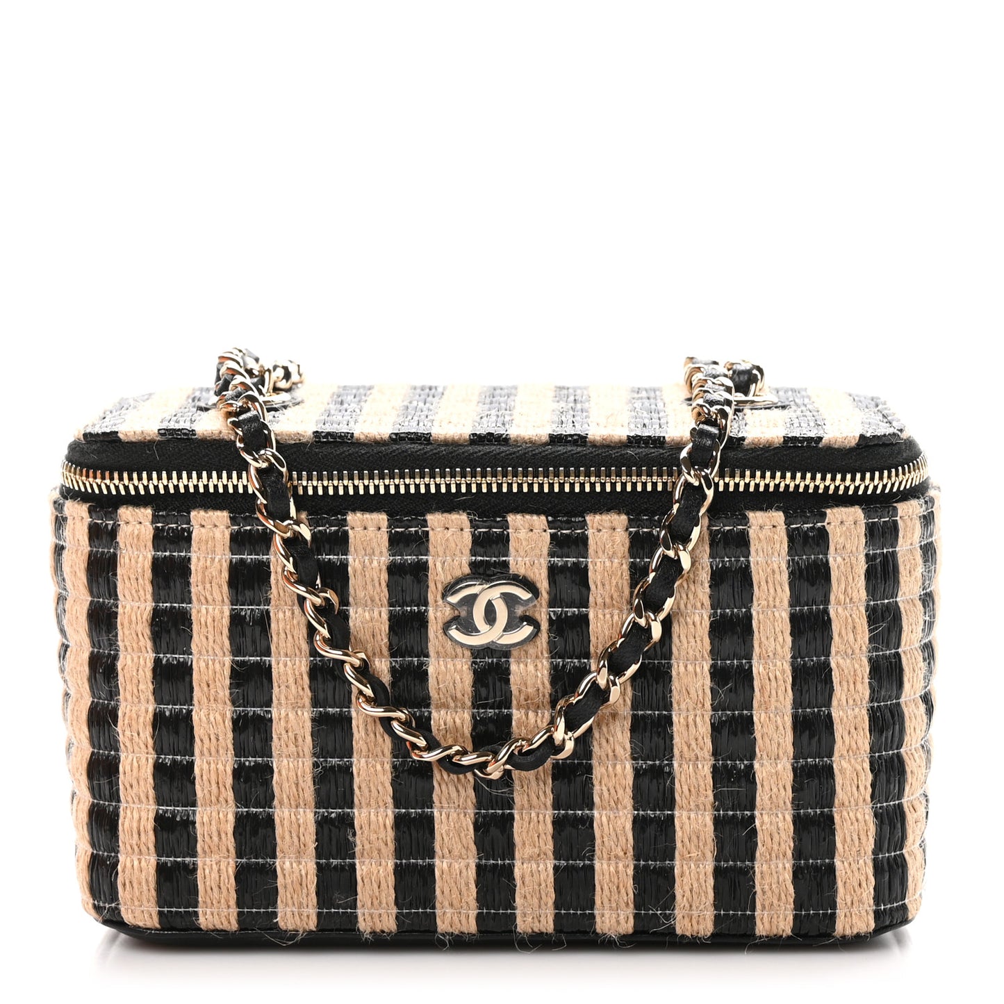 Raffia Jute Striped Small Vanity Case With Chain Black Beige