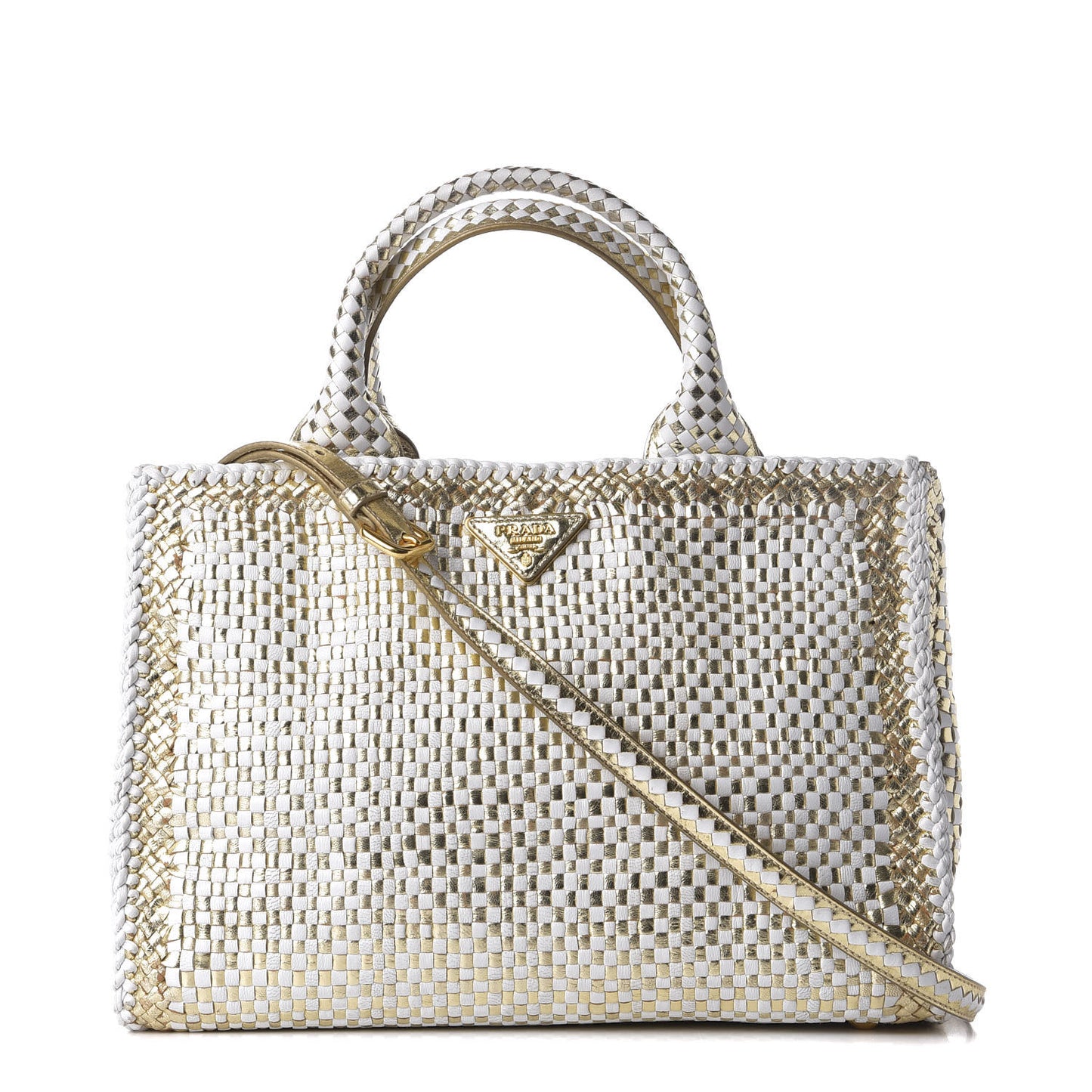 Goatskin Woven Small Tote White Gold