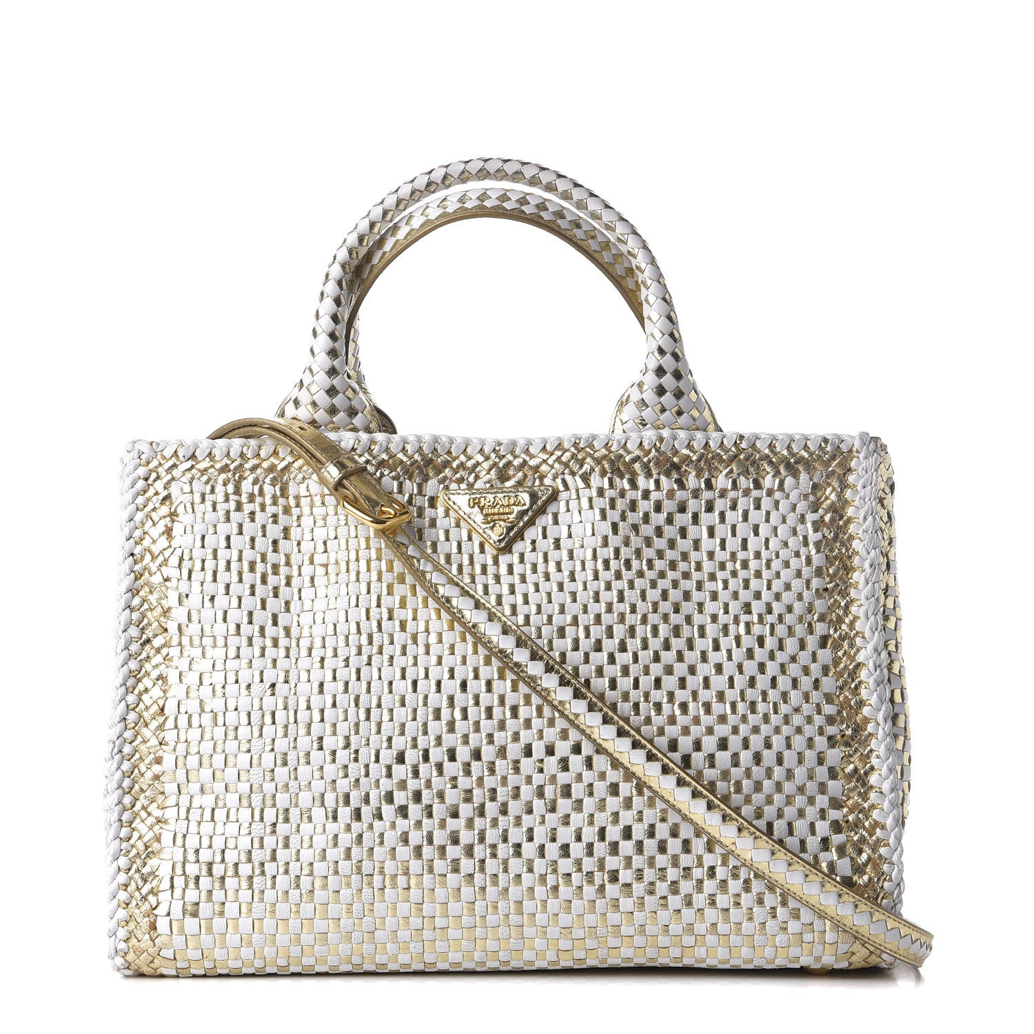 Prada Goatskin Woven Small Tote White Gold 1 of 24
