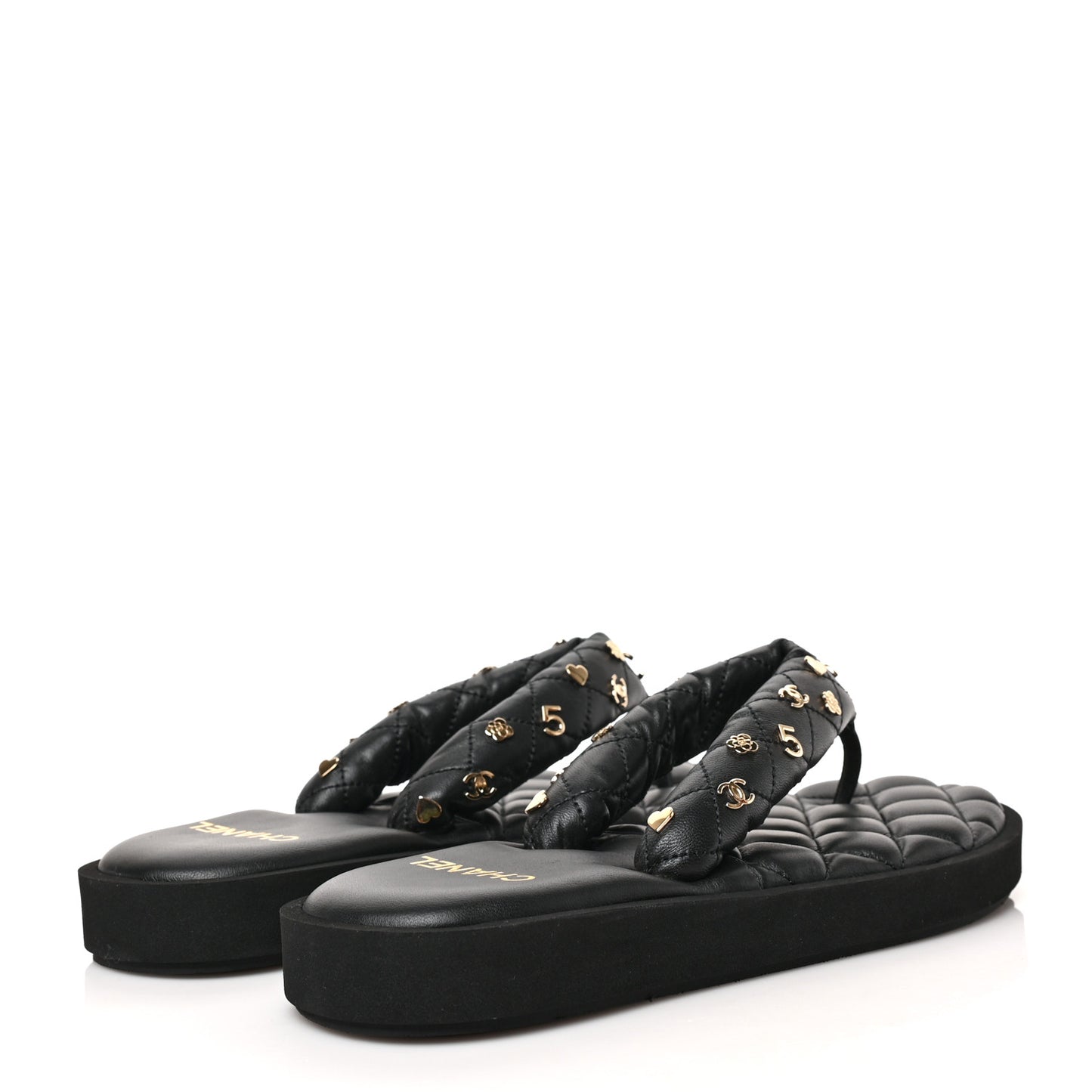 Lambskin Quilted Padded Charms Thong Sandals 39.5 Black