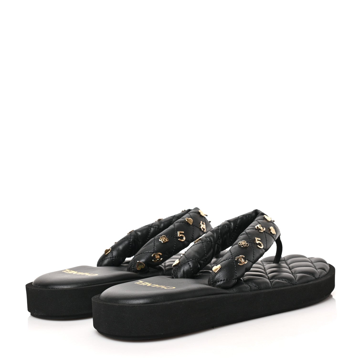 Chanel Lambskin Quilted Padded Charms Thong Sandals 39.5 Black 4 of 8