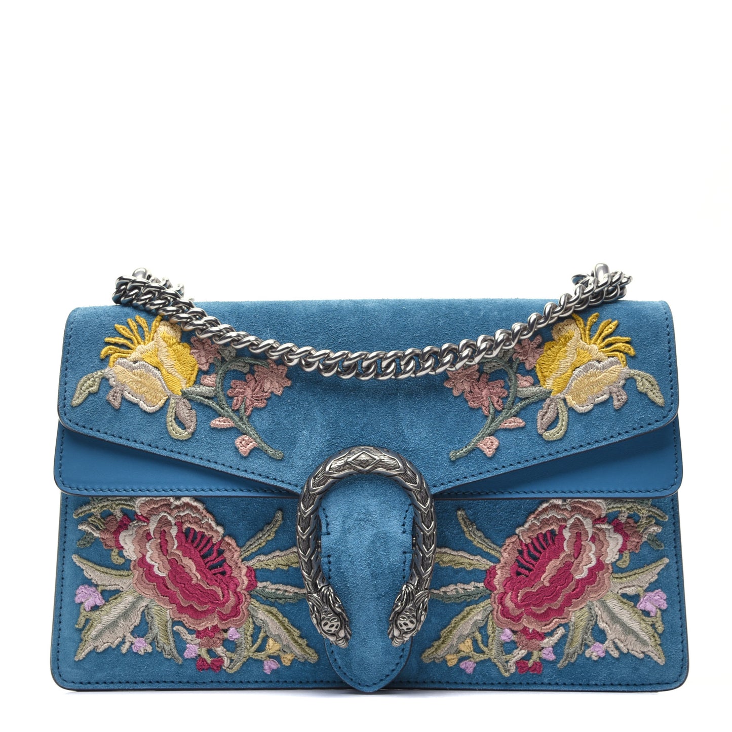 Suede Floral Embroidered Small Dionysus Shoulder Bag Blue