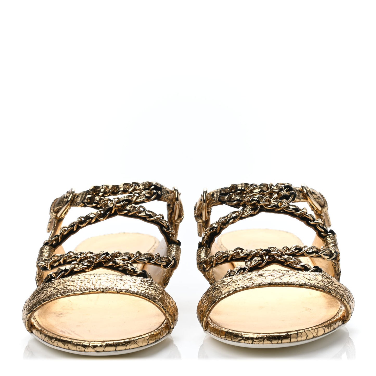 Metallic Crackled Calfskin Chain Sandals 36 Gold