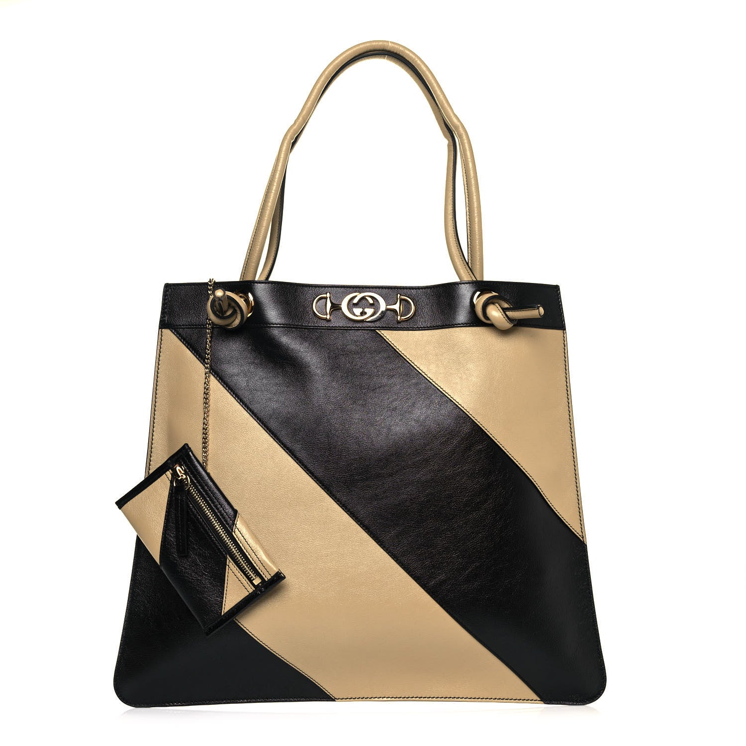 Gucci Smooth Calfskin Diagonal Striped Zumi Tote Black Beige 1 of 15