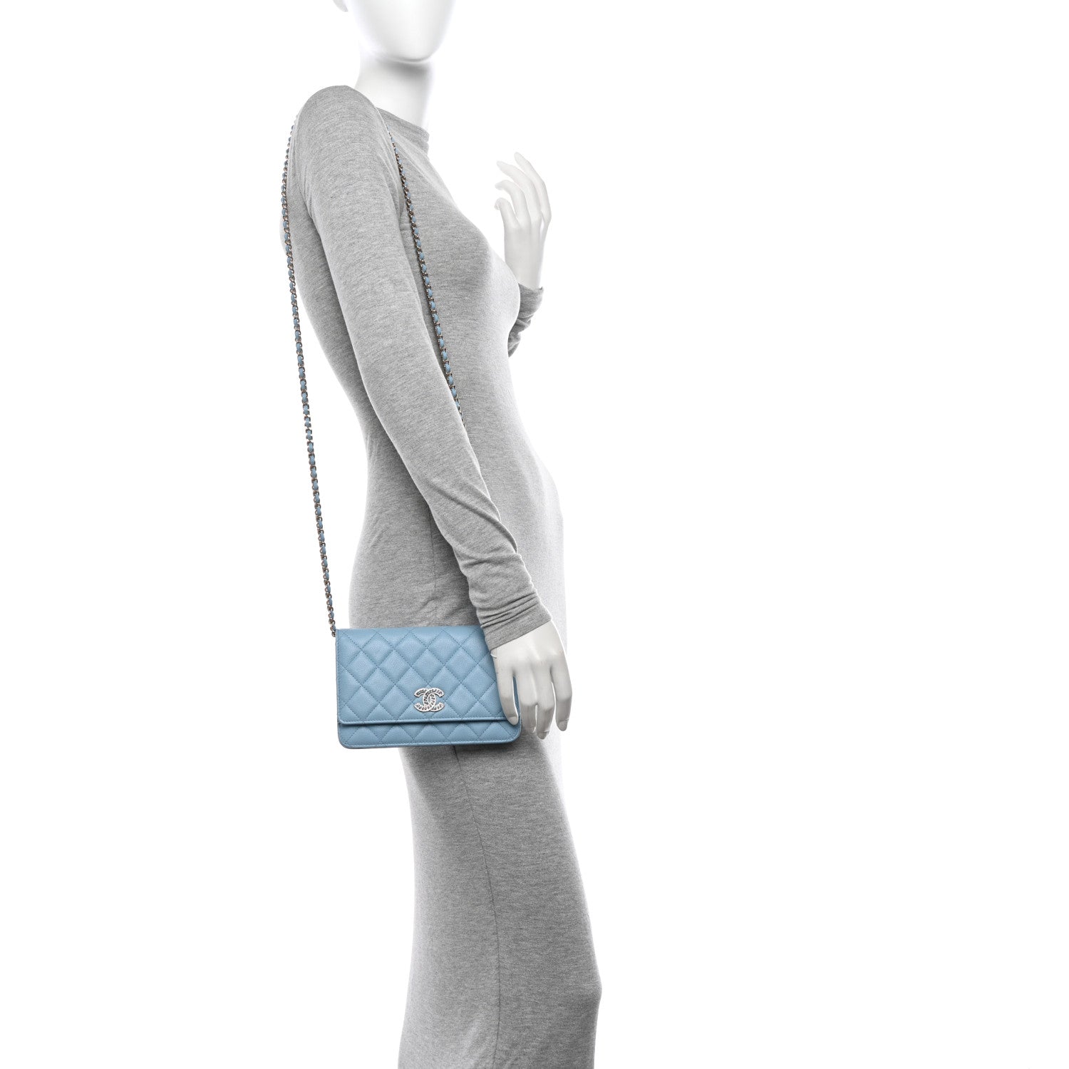 Chanel Caviar Quilted Crystal CC Wallet On Chain WOC Light Blue 2 of 13