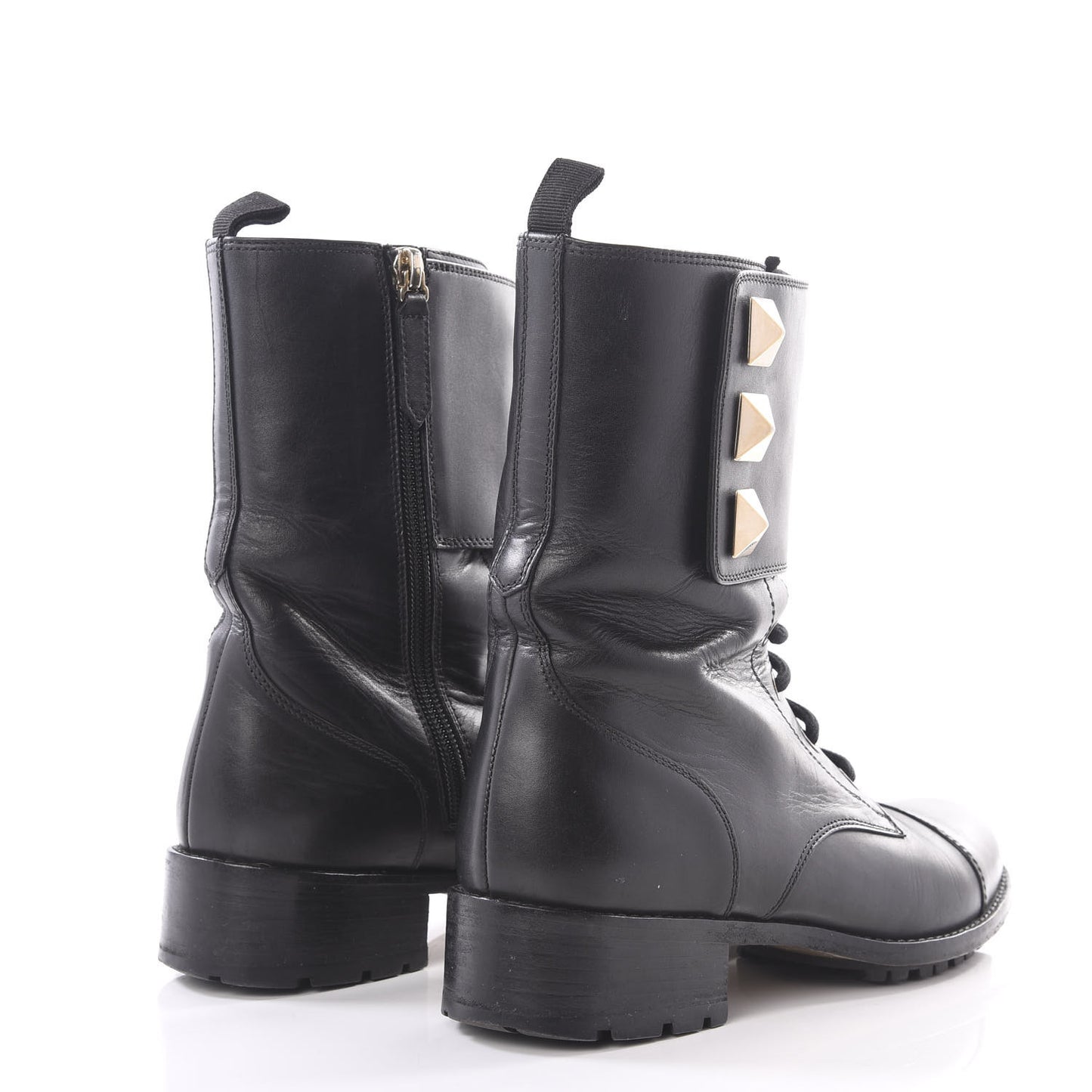 Calfskin Macro Rockstud Combat Boots 36.5 Black