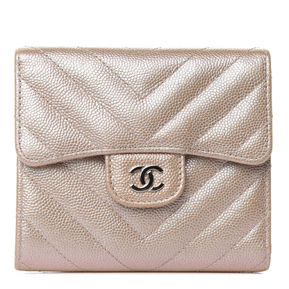 Chanel Metallic Caviar Chevron Quilted Compact Flap Wallet Light Gold 1 of 8