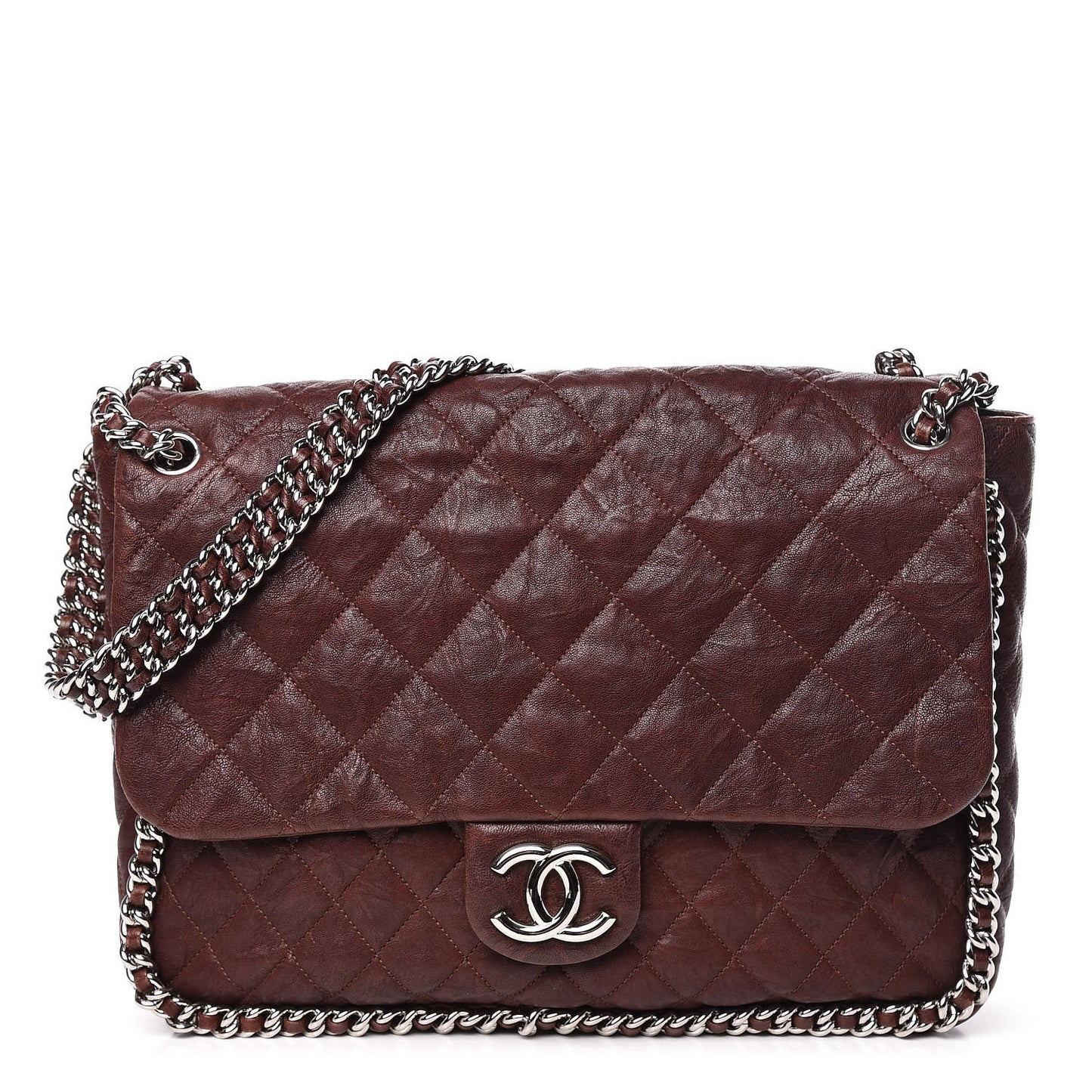 Crumpled Lambskin Quilted Maxi Chain Around Flap Dark Brown
